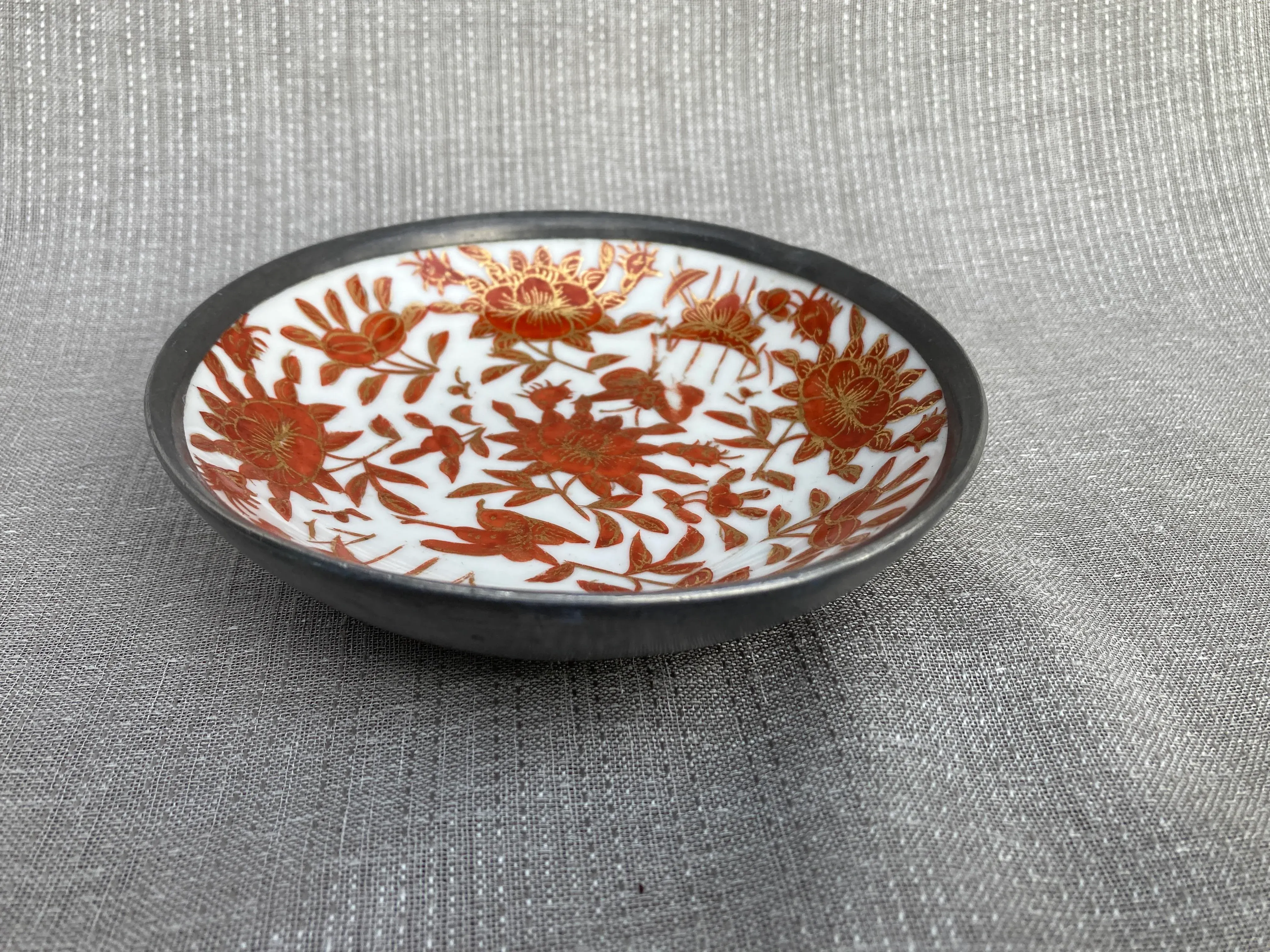 Vintage Pewter Encased Japanese Porcelain Ware Bowl | Chairish