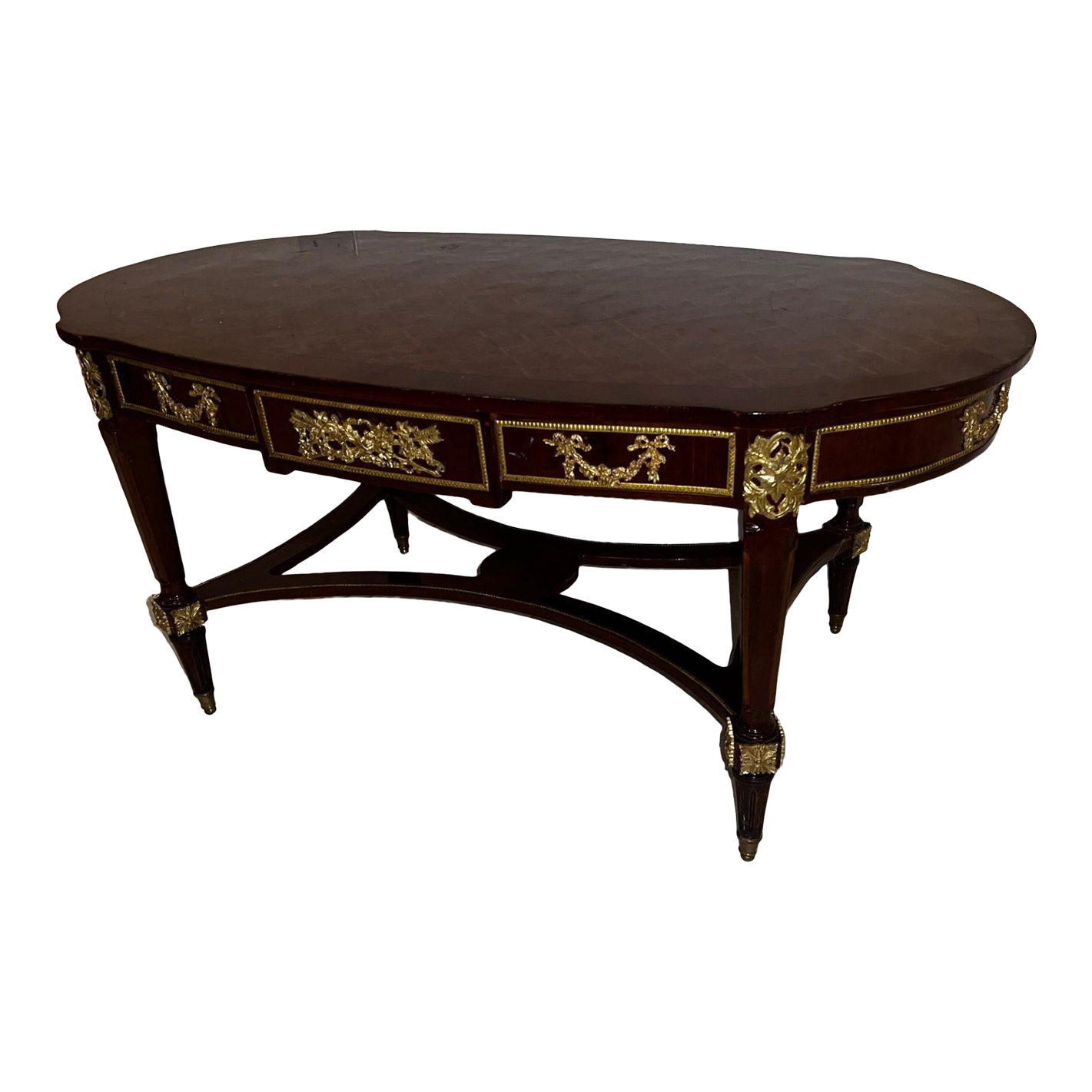 1990s Reproduction Louis XVI Parquetry and Brass Mounted Oval Coffee