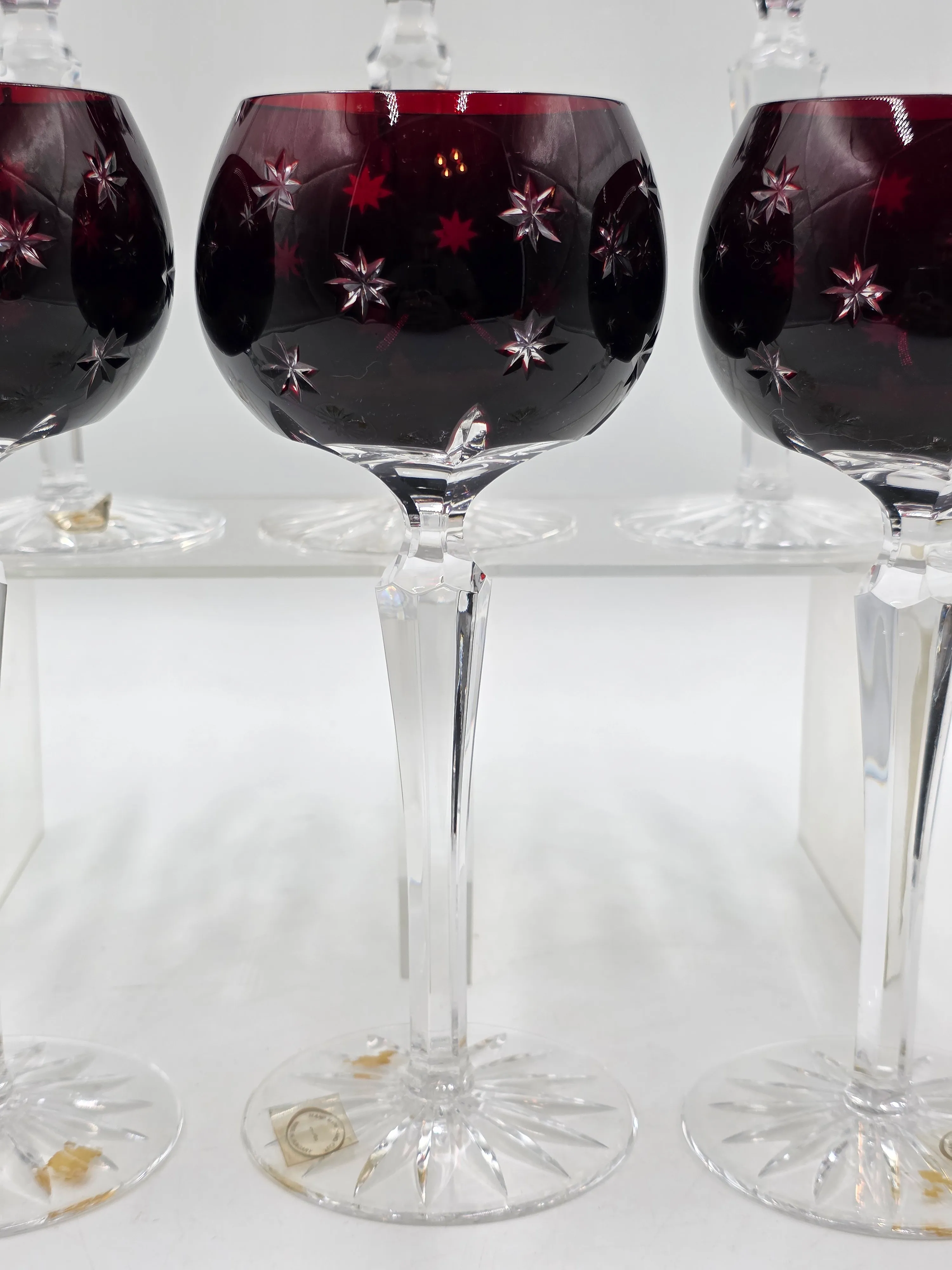 Set of 6 Vintage Ajka Marsala Ruby Red Cut to Clear Crystal Hock Wine Glass.