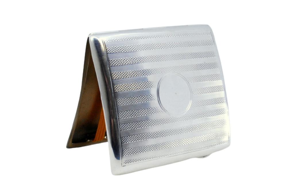 Guilloche Silver Cigarette Case with Curved Bands Top and Hinged Lid