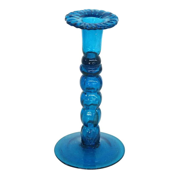 Spindle Pillar Blue Glass Tall Single Candle Stick Holder with Wavy Rim