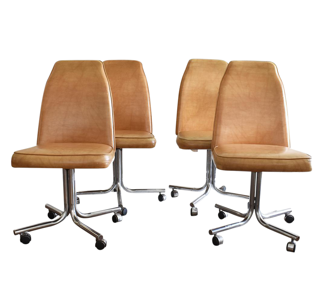 Vintage MidCentury and Chrome Vinyl Rolling Bucket Chairs Set of 4