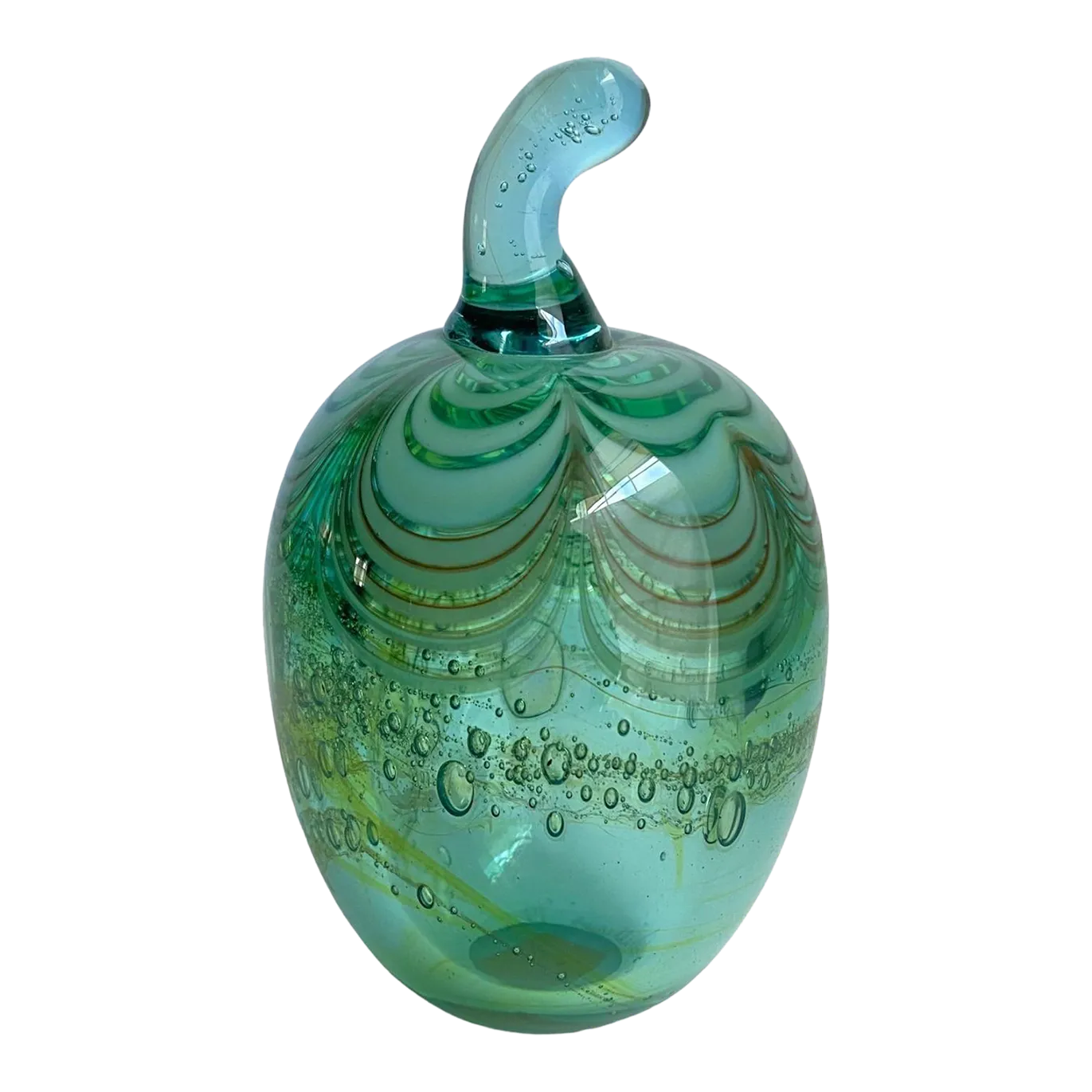 Vintage Art Glass Apple Fruit Paperweight Sculpture Green Bullicante Controlled Bubble 1970s