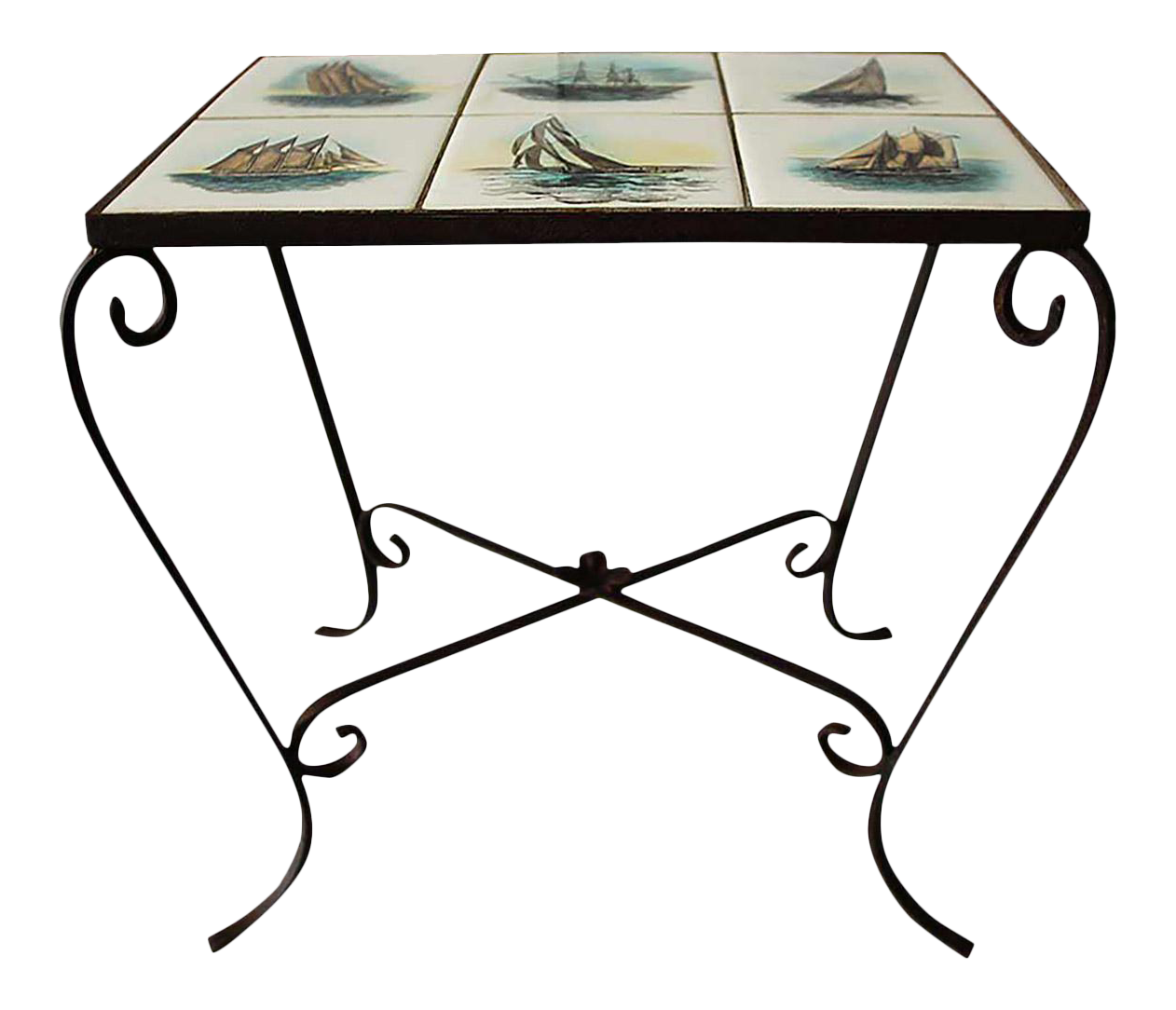 Vintage Mid Century Wrought Iron Side Table With Sailboat Tiles Chairish