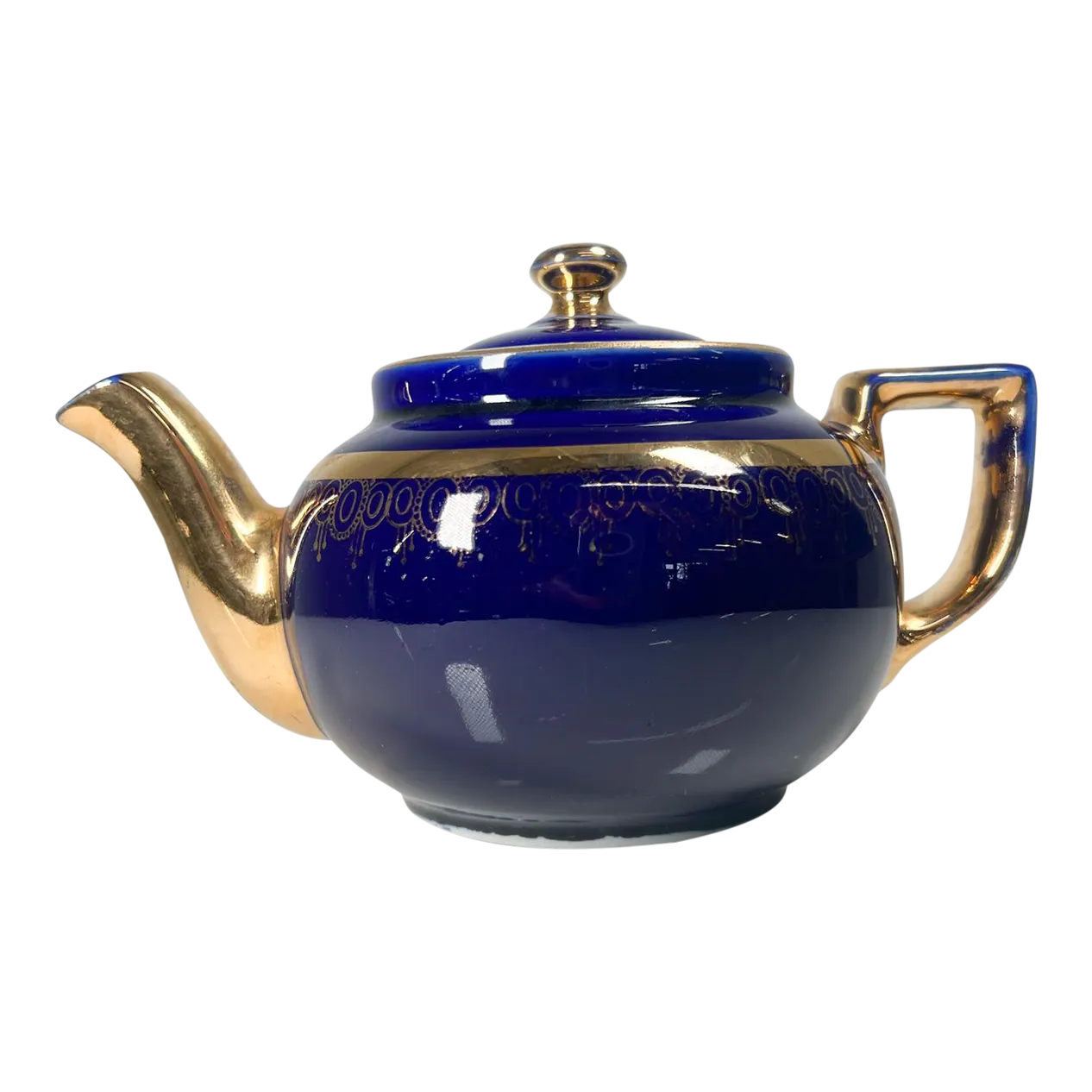 1950s Modern Decorative Cobalt Blue and Gold Hall China Tea Pot Usa