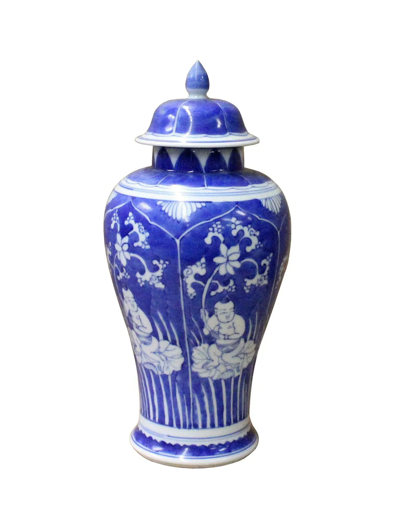 Chinese Blue White Porcelain People Theme Urn Jar Container
