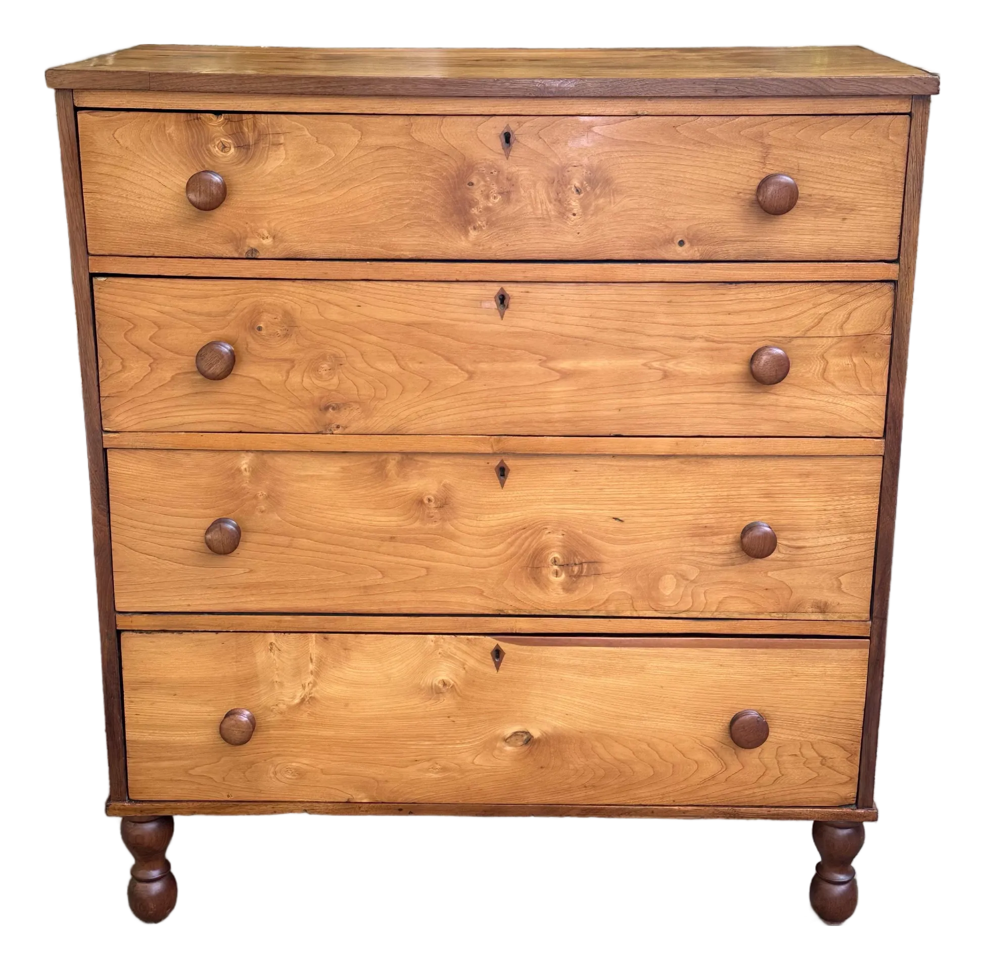 Fine Mid 19th Southern Cherry Wood Chest With Black Walnut Knobs and Turned  Feet