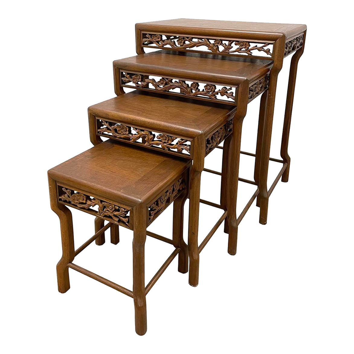 Early 20th Century Chinese Carved Teak Wood Nesting Tables Set of 4