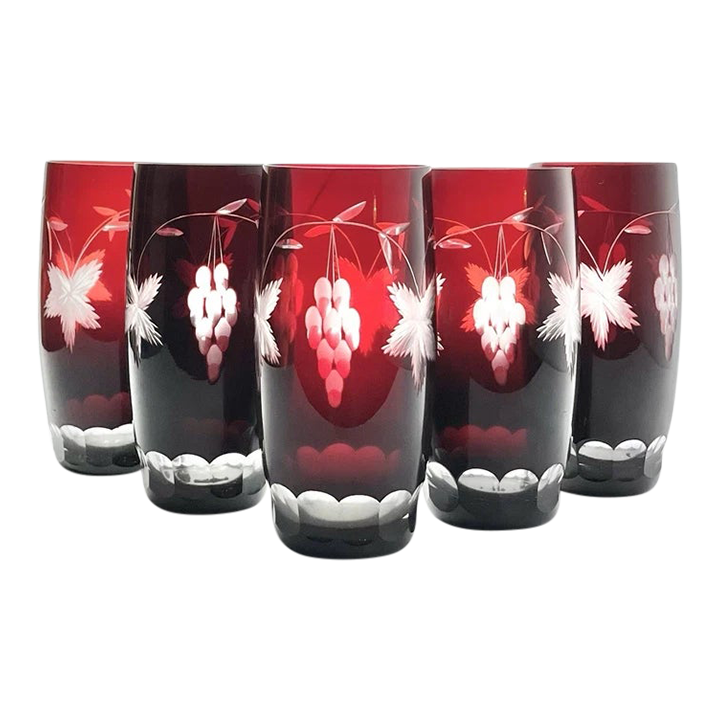 1970s Ruby Red Cut to Clear 5 Crystal Highball Tumbler Glasses