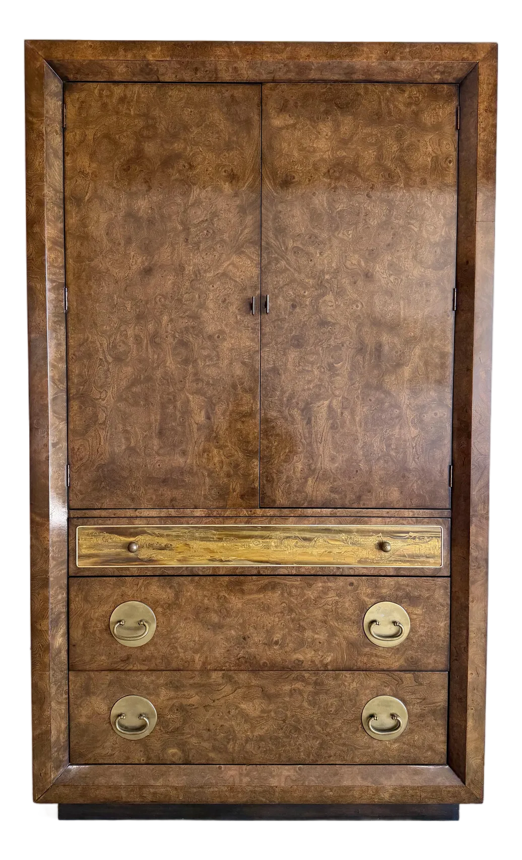 Vintage 1970’s Mastercraft Attributed Burlwood Armoire Cabinet With Etched Brass