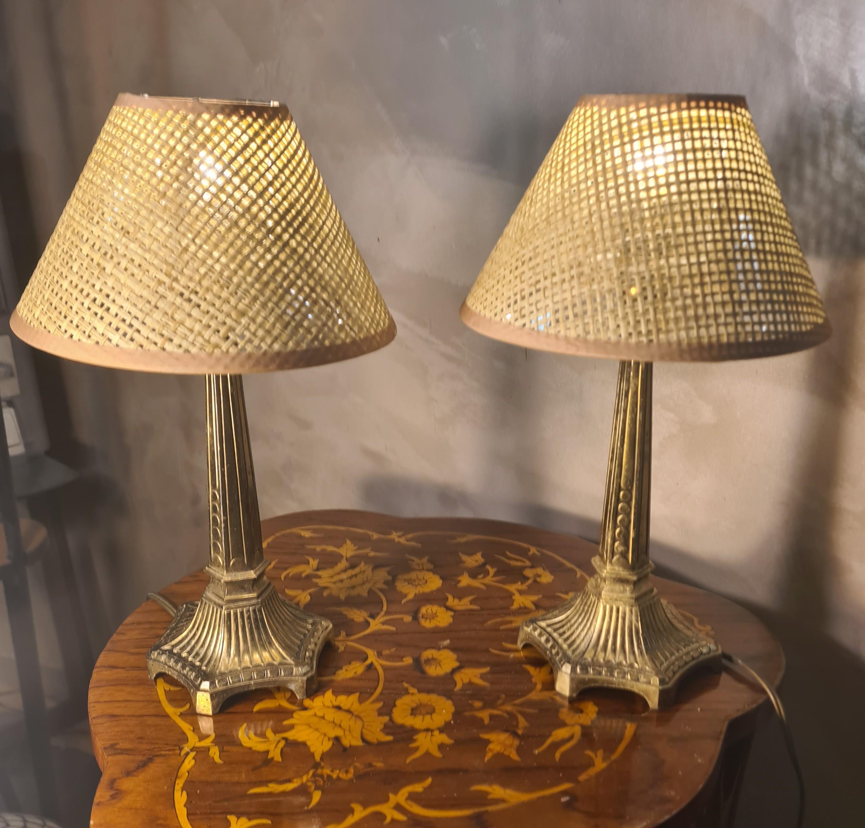Gilded Spelter Bedside Lamps with Fluted Lampshades, 1960s, Set of 2