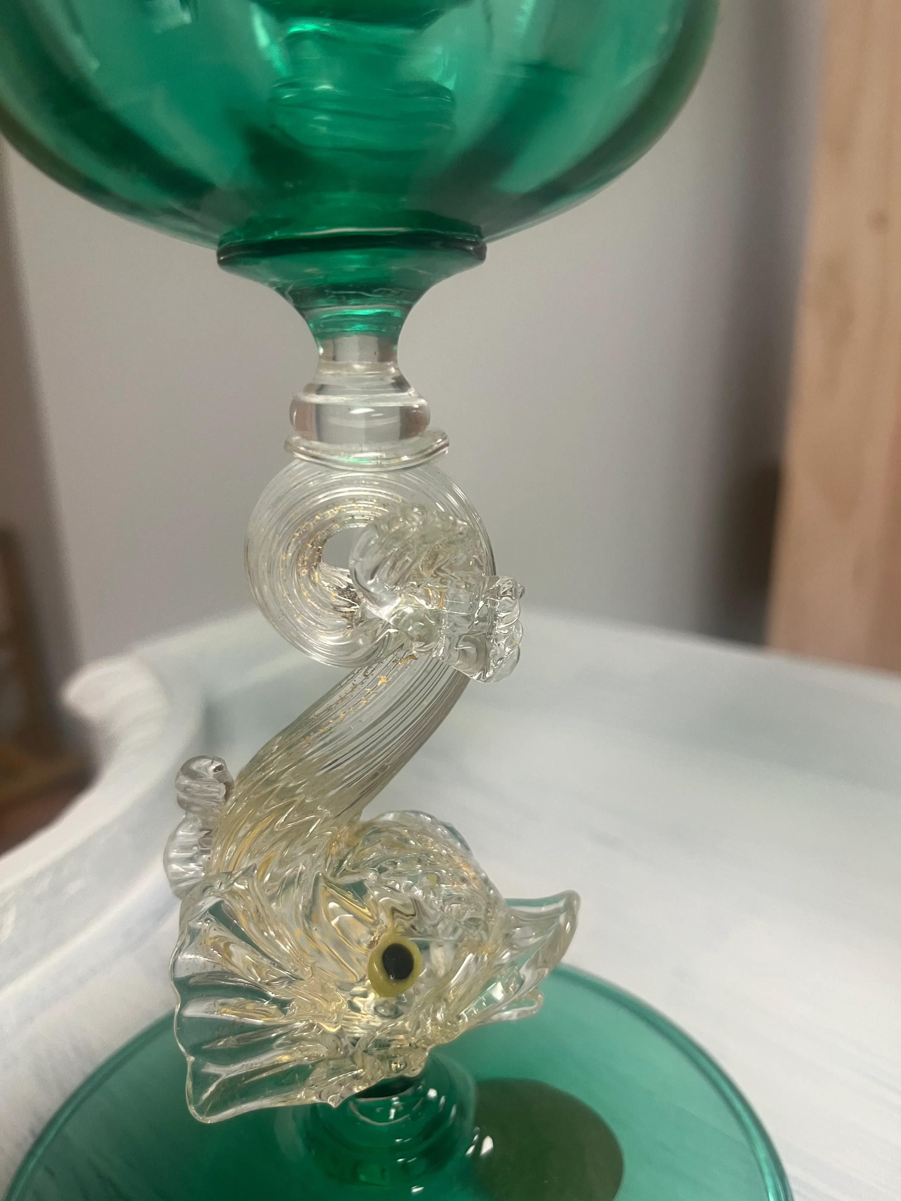 A Pair of Mid 20th Century Green and Gold Hand Blown Venetian