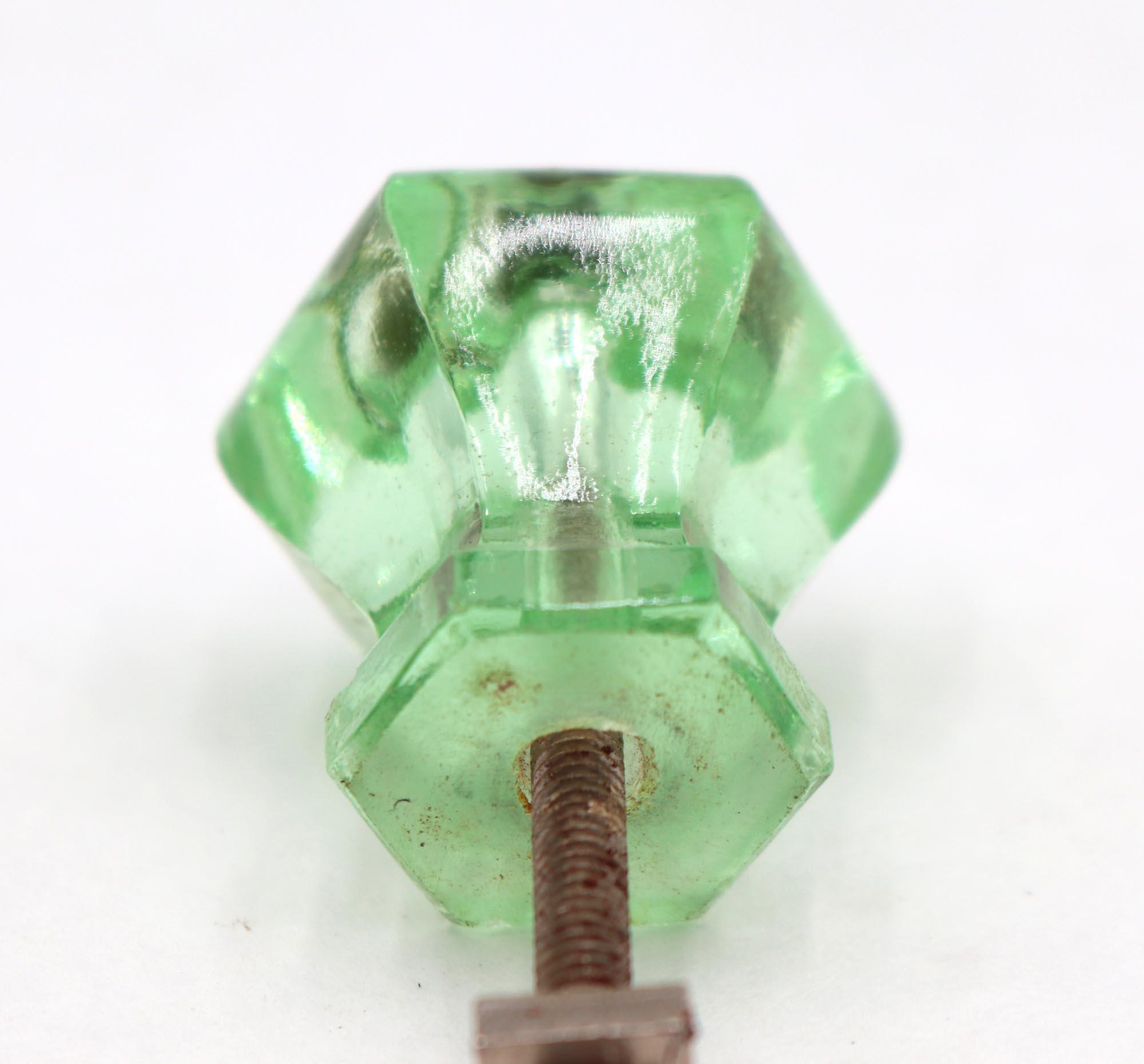 Pair of Vintage 1.25 In. Hexagon Green Glass Cabinet Knobs