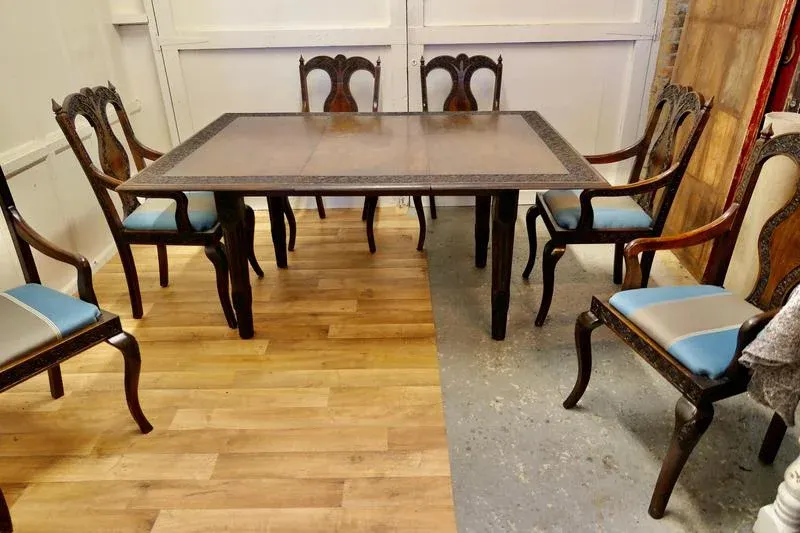 Carved Dining Table and Chairs, 1920s, Set of 7