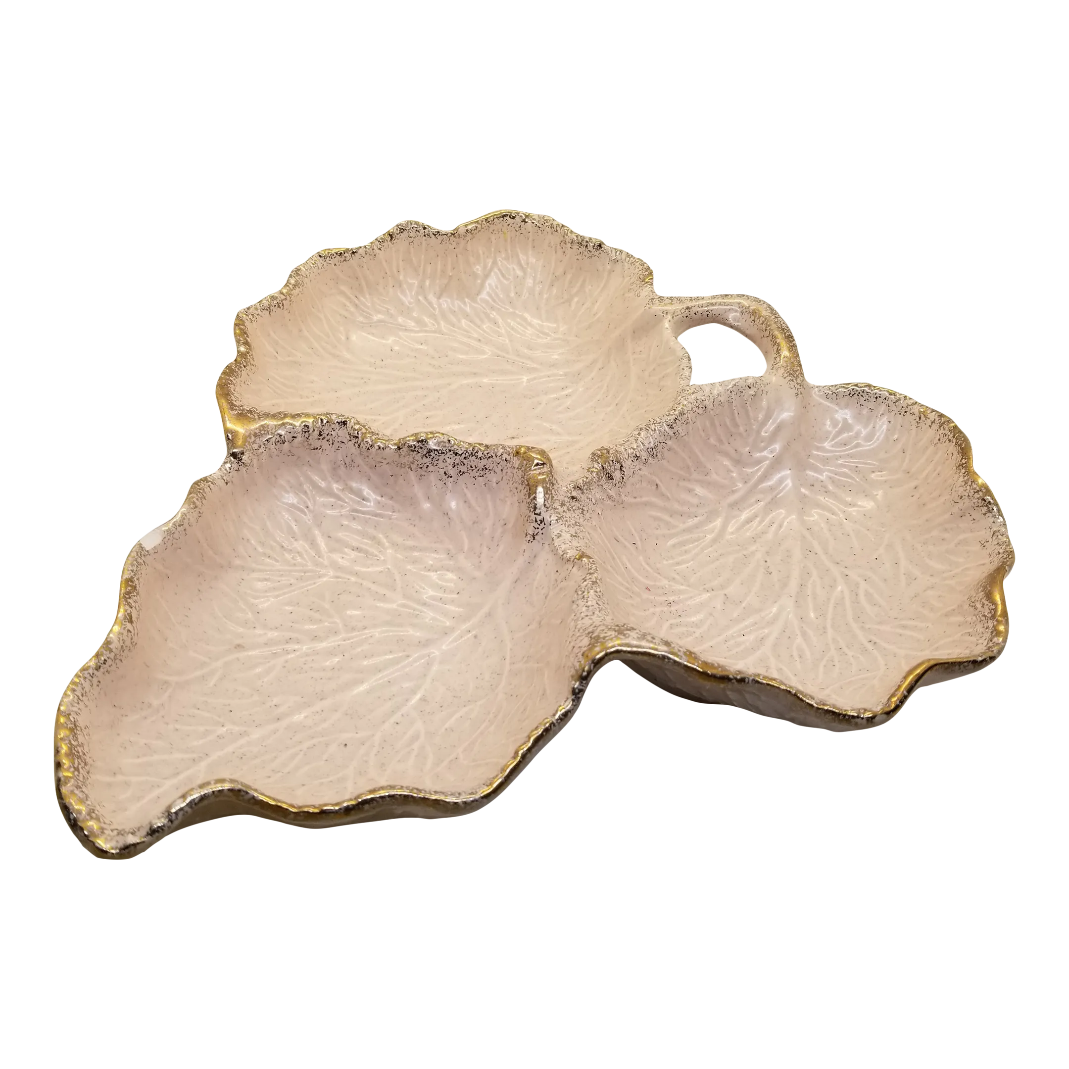 Vintage 1970s California Original Usa 654 Beige Pink With Gold Edging  Pottery Leaf Serving Dish