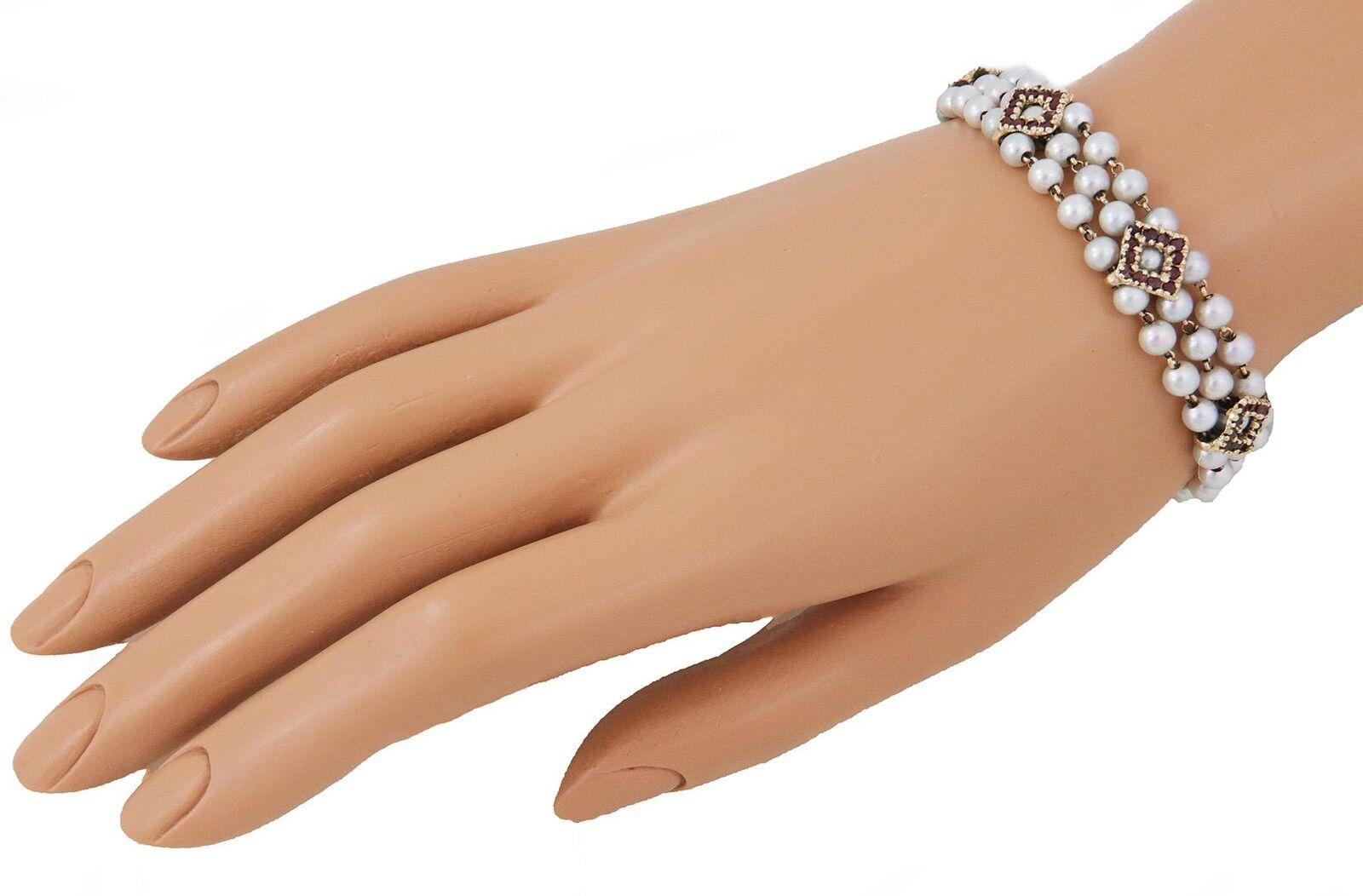 Lucien Piccard Vintage Ruby Pearls 14k Gold Strand Bracelet