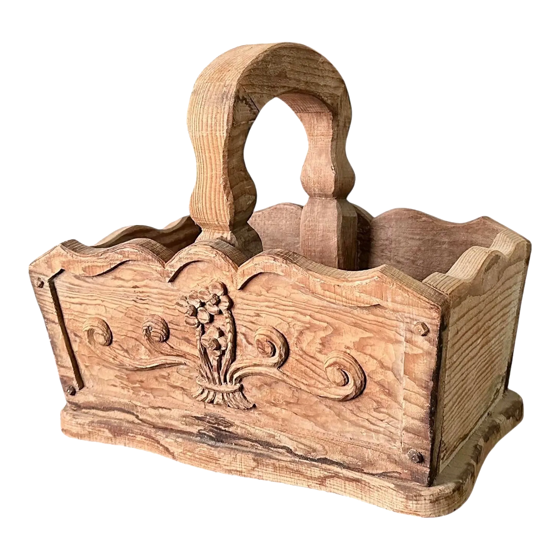 Vintage French Country Hand Carved Basket / Bin in Heavily Grained Wood With Floral Scroll Details