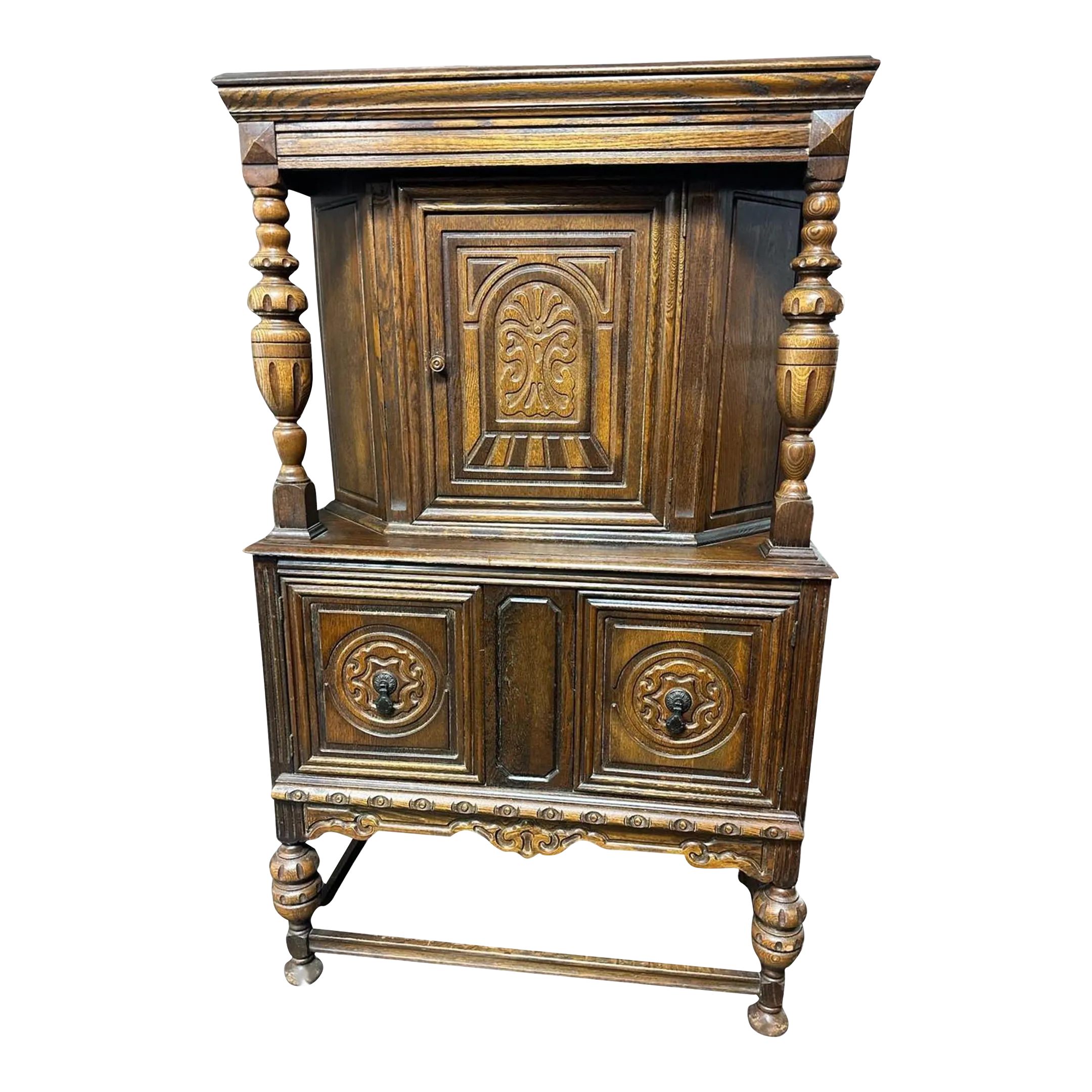 Antique 1920s Spanish Revival Oak Liquor Cabinet or Cupboard