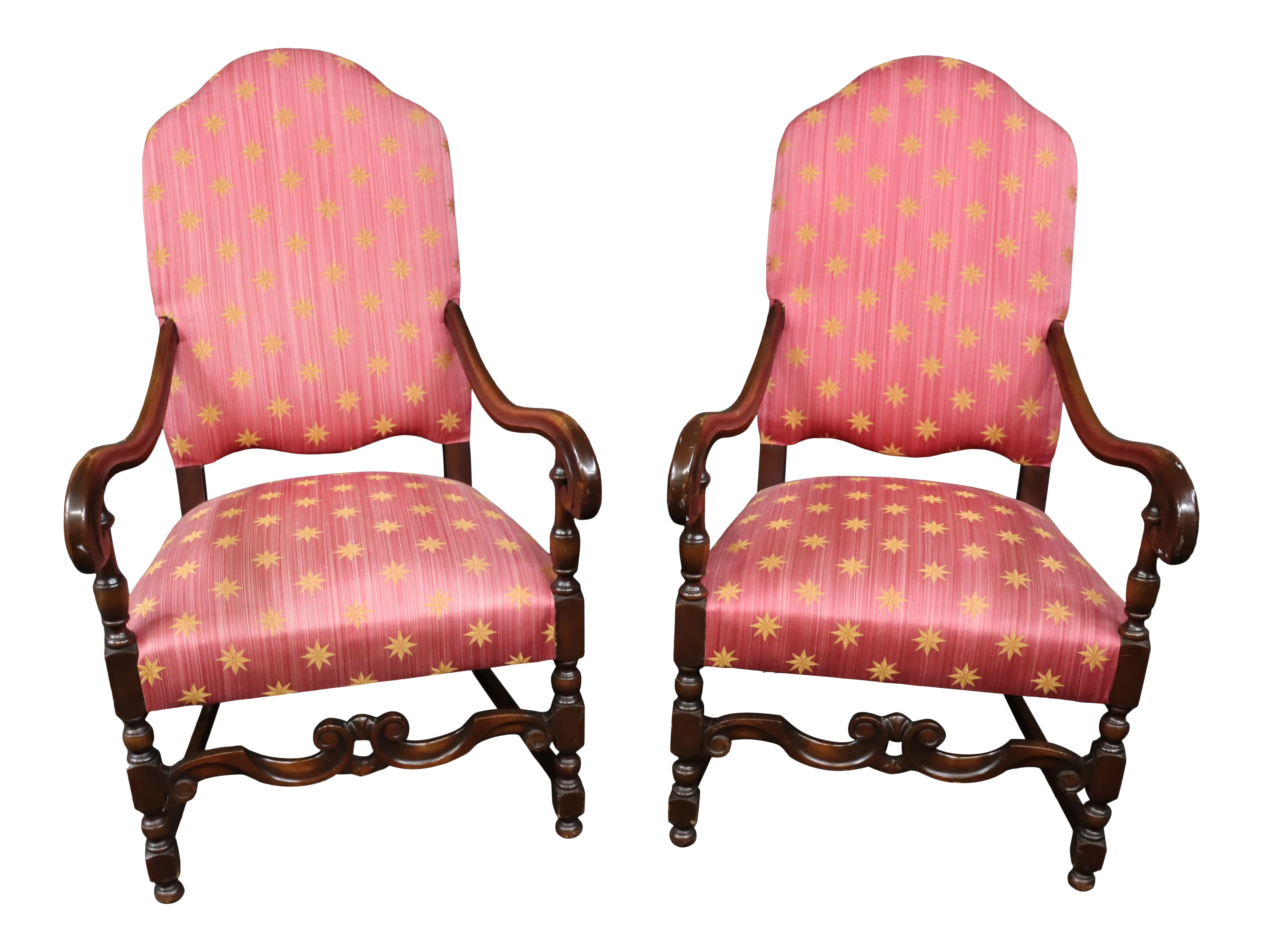 Jacobean Style Carved Walnut Pink Upholstered Throne Chairs a