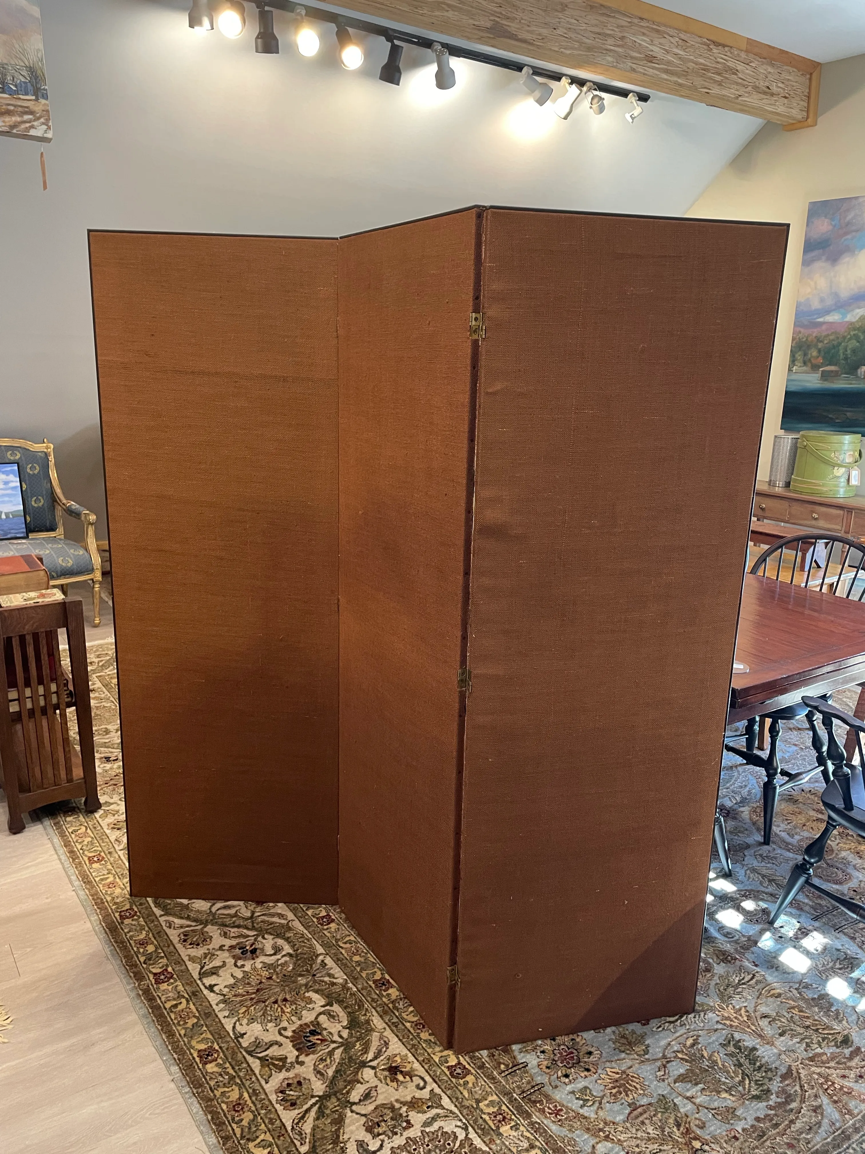 vintage dressing screen Antique French Art Nouveau Room Divider Furniture Carved Wood Folding 1900s Floral Fabric Cottage Art Deco Decor Object Home Style Vintage Kashmir Carved Room Divider