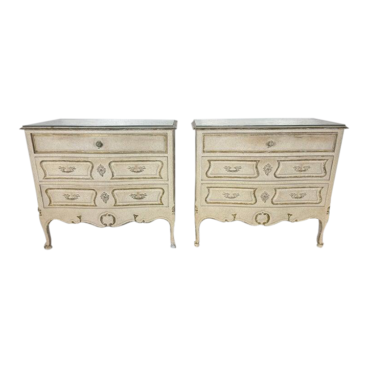 Pair of Louis XV–Style Painted Chests With Antiqued Marbled-Foxed Mirror Tops