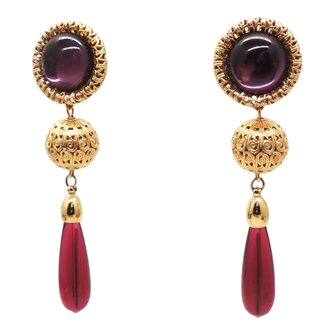 Vintage Signed Napier Limited Edition Faux-Amethyst & Ruby Drop Pierced Earrings - 2 Pieces