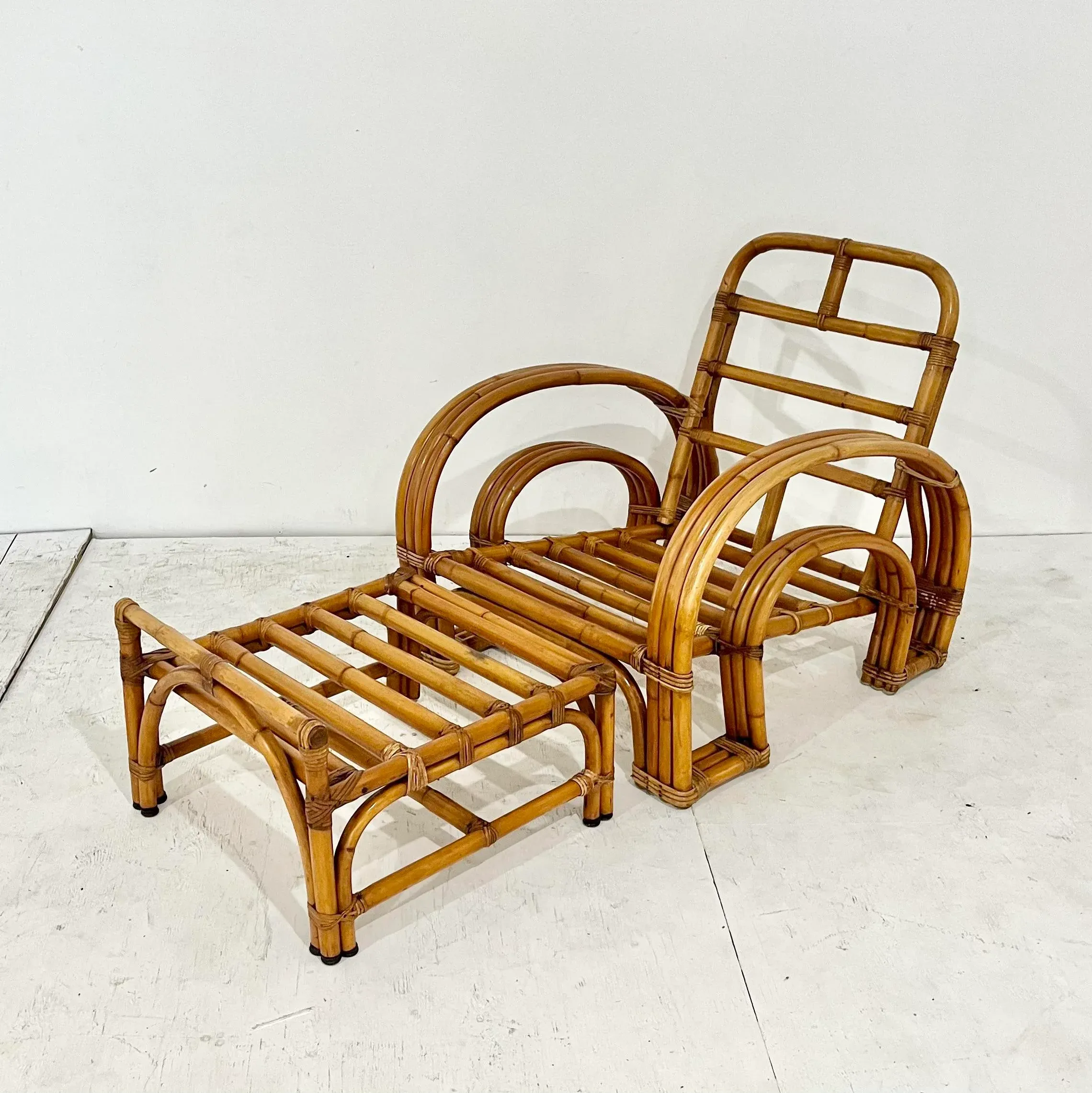 Mid Century Rattan Horseshoe Lounge Chair and Ottoman Set | Chairish