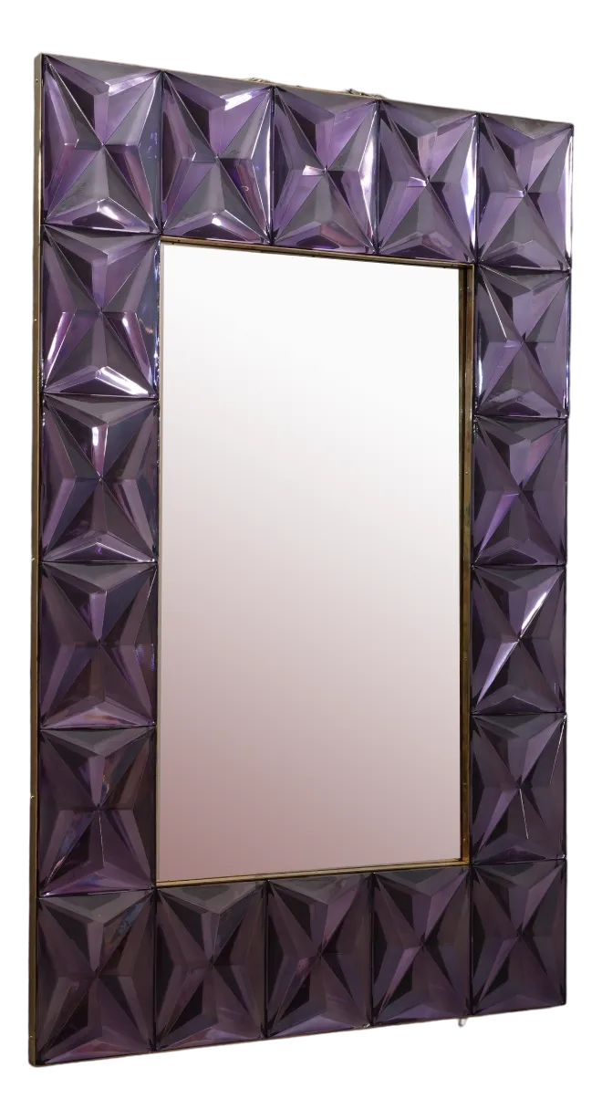 Murano Strong Violet Glass and Brass Console Wall Mirror