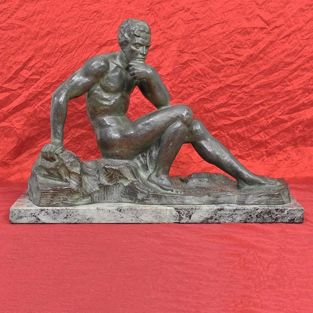 Art Deco Male Figure of Seated Man, 20th Century, Bronze