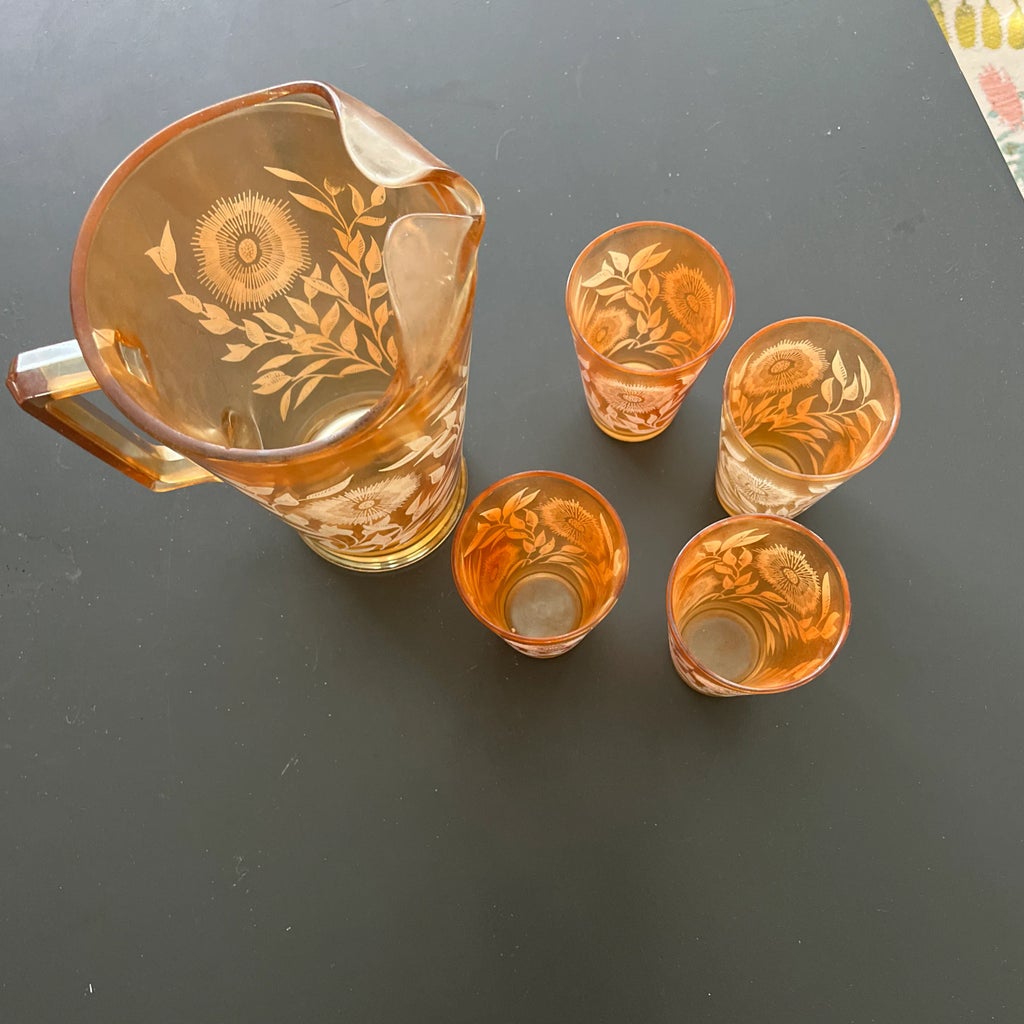 Jeanette Glass ジャネットグラス ヘレニック ガラスボウル 4個 Vintage Jeanette Glass Co. Pitcher and 4 Glasses | Chairish
