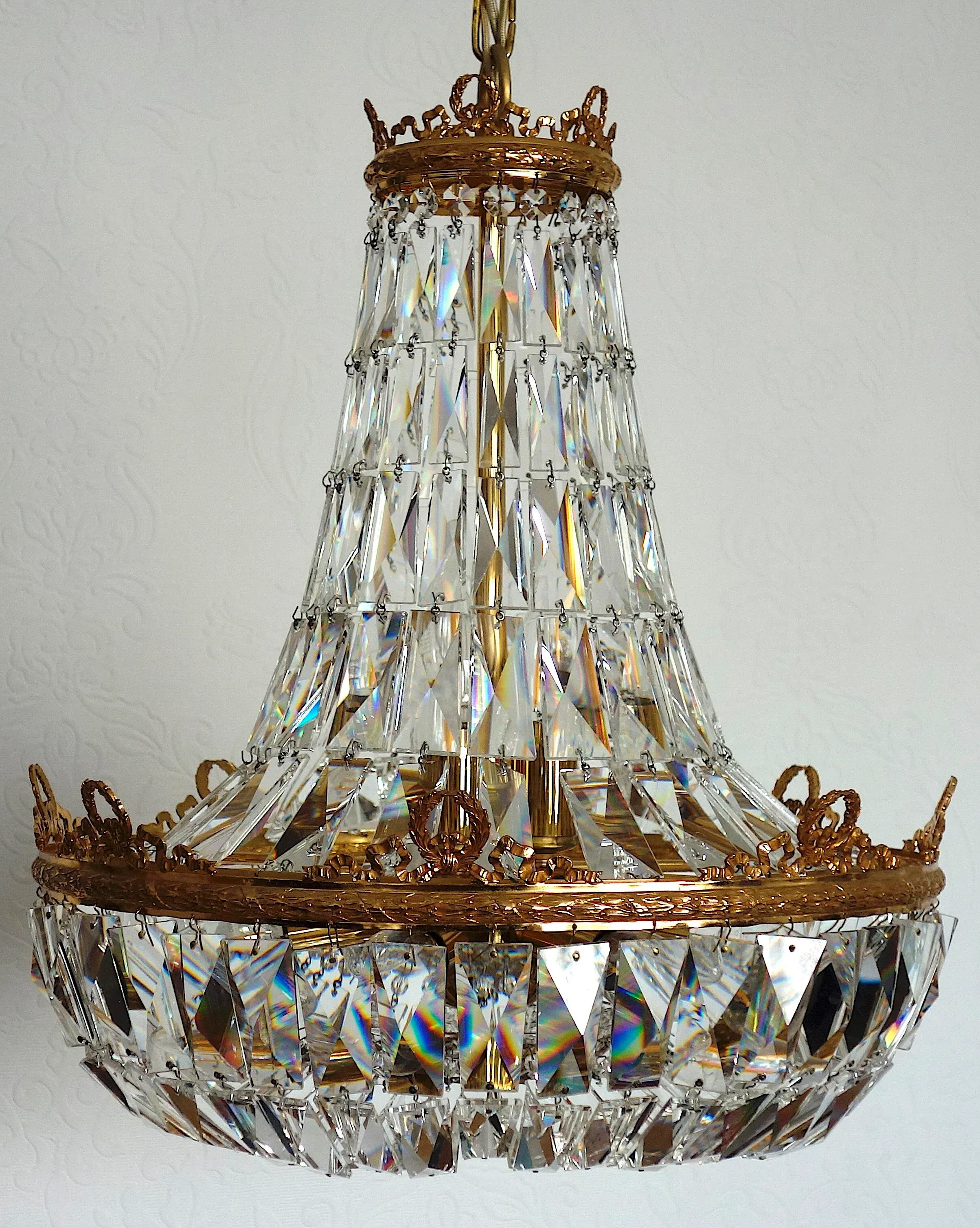 Brass and Lead Crystal 9-Flame Chandelier from Palwa, 1960s