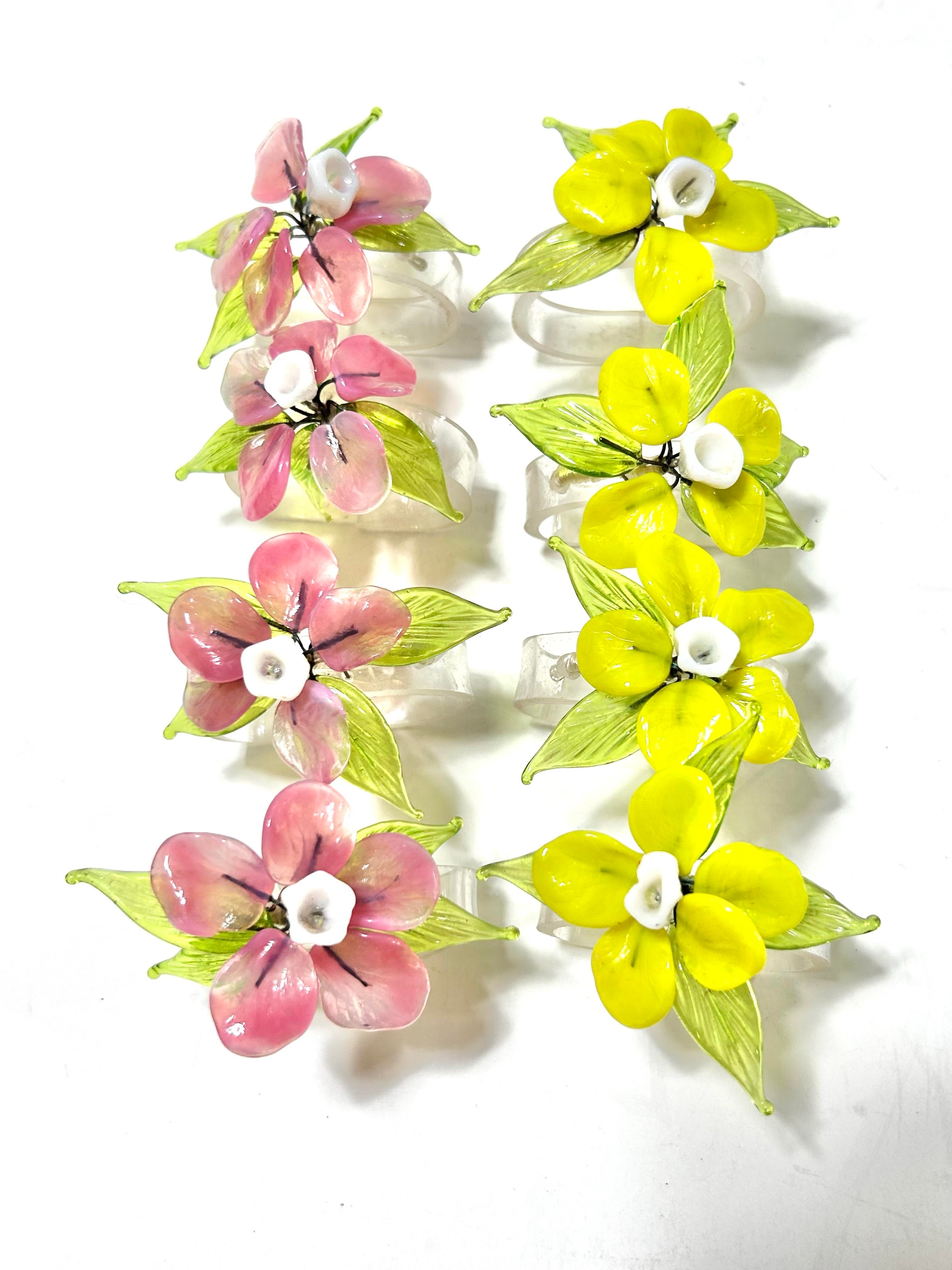 1950s Murano Style Glass Lampwork Flower Napkin Rings - Set