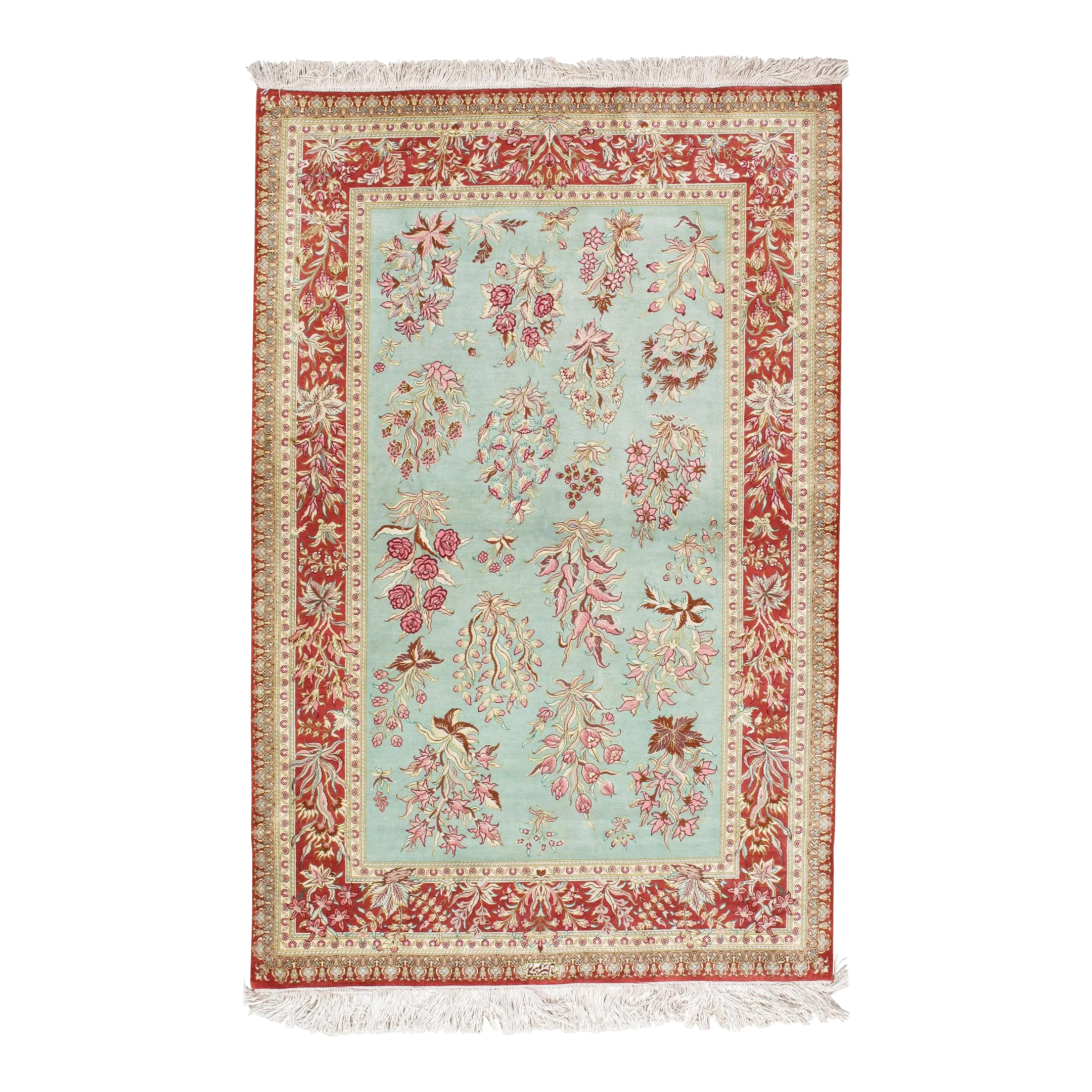 Rare Finely Woven Persian Silk Qum, Handmade Oriental Rug, Sky Blue and Red