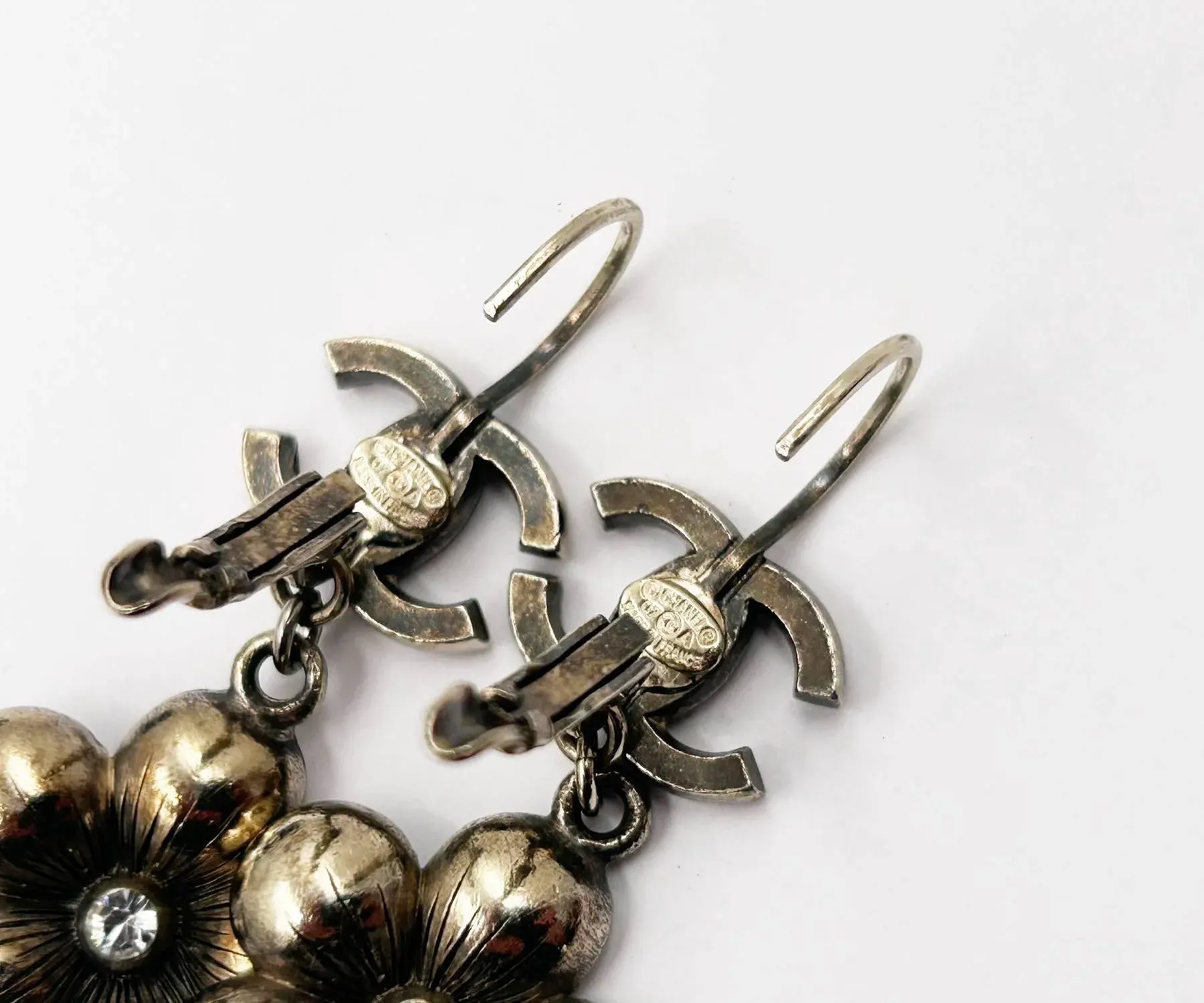 Chanel Gold CC Purple Flower Lever Back Piercing Earrings