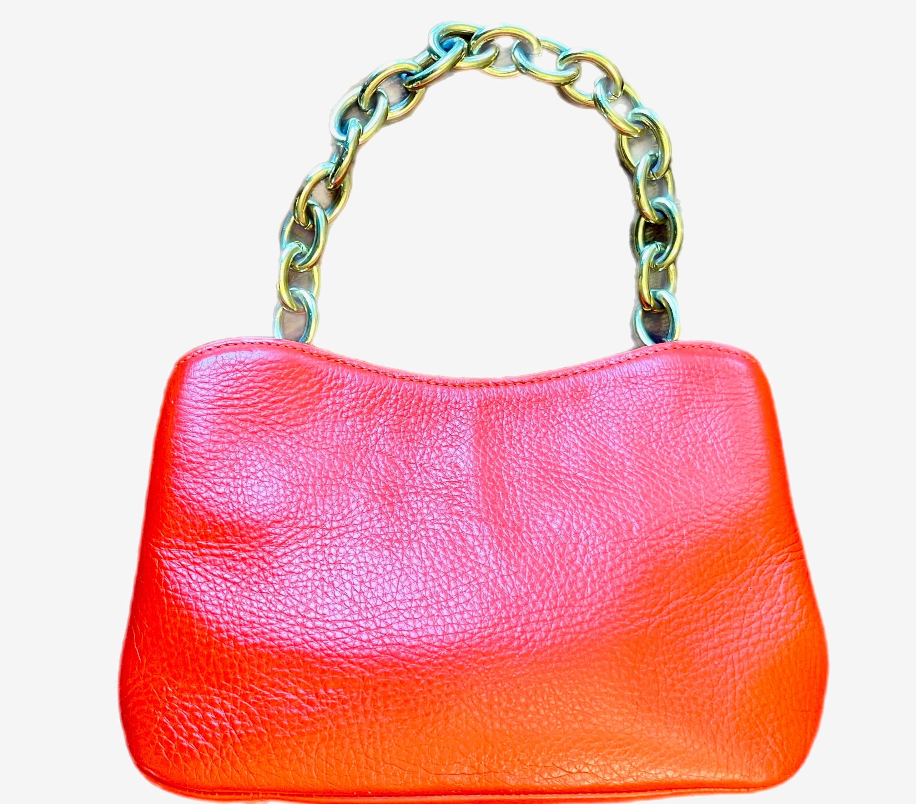 Saks Fifth Avenue Red Pebbled Leather Bag With Thick Chain