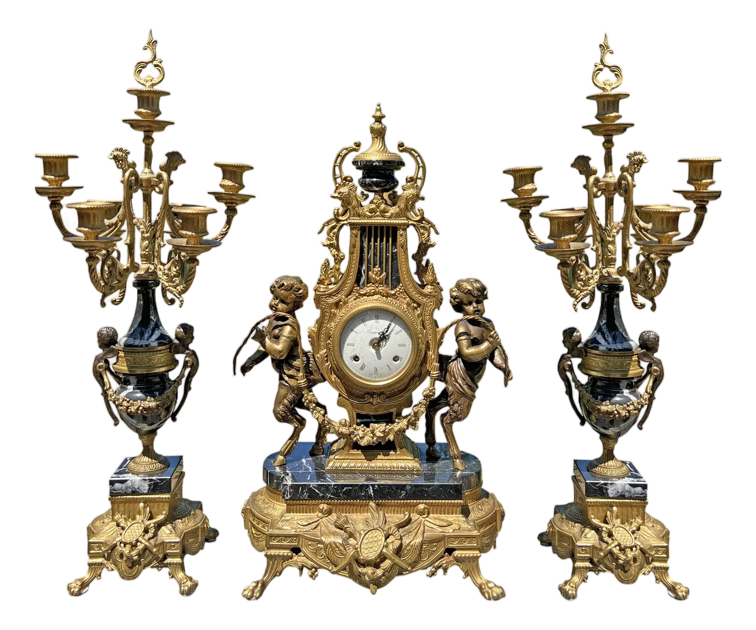 Imperial Brevettato Italian Bronze & Marble Candelabras & Mantle