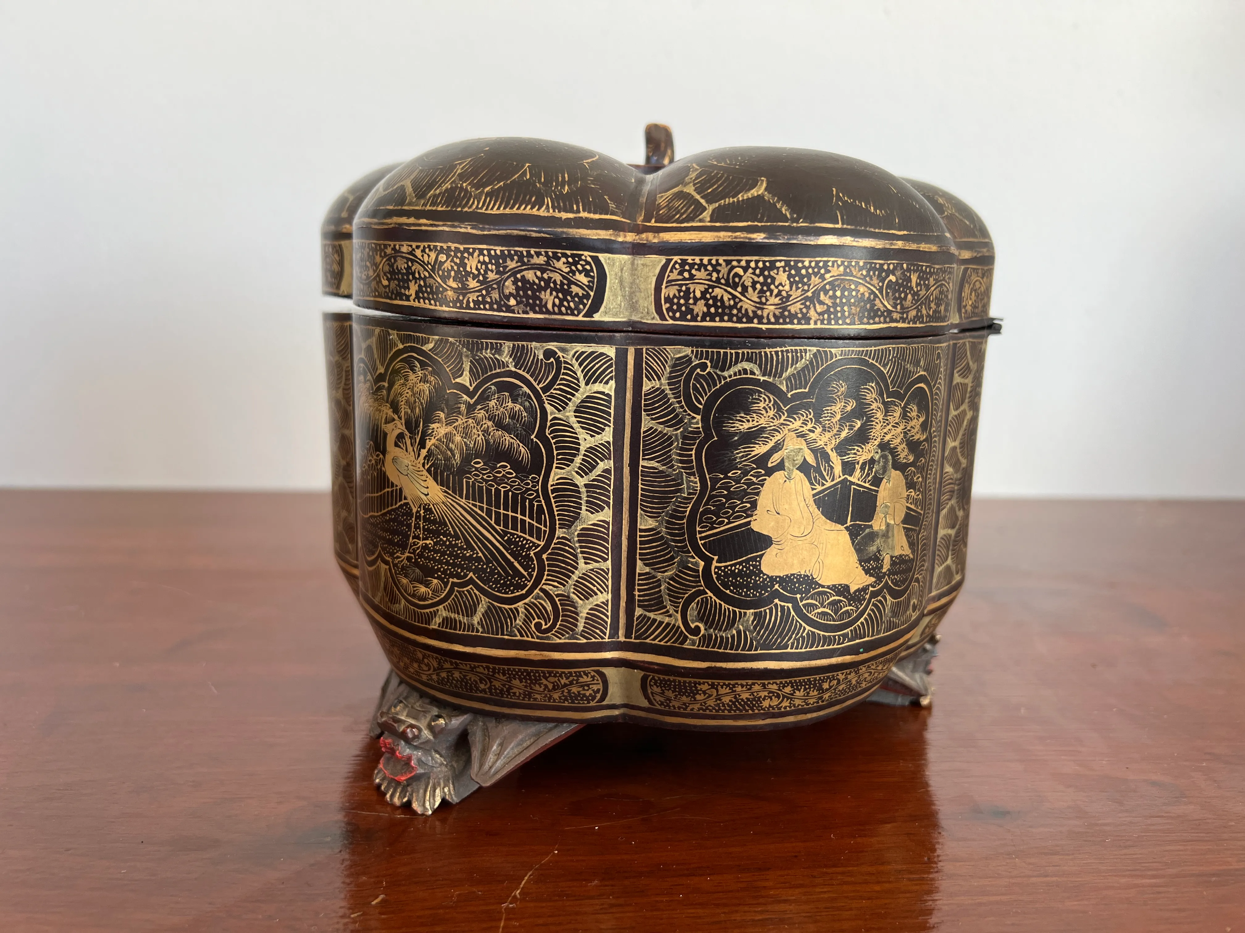 19th Century, Chinese Export Gilt Black Lacquer Melon Form Tea