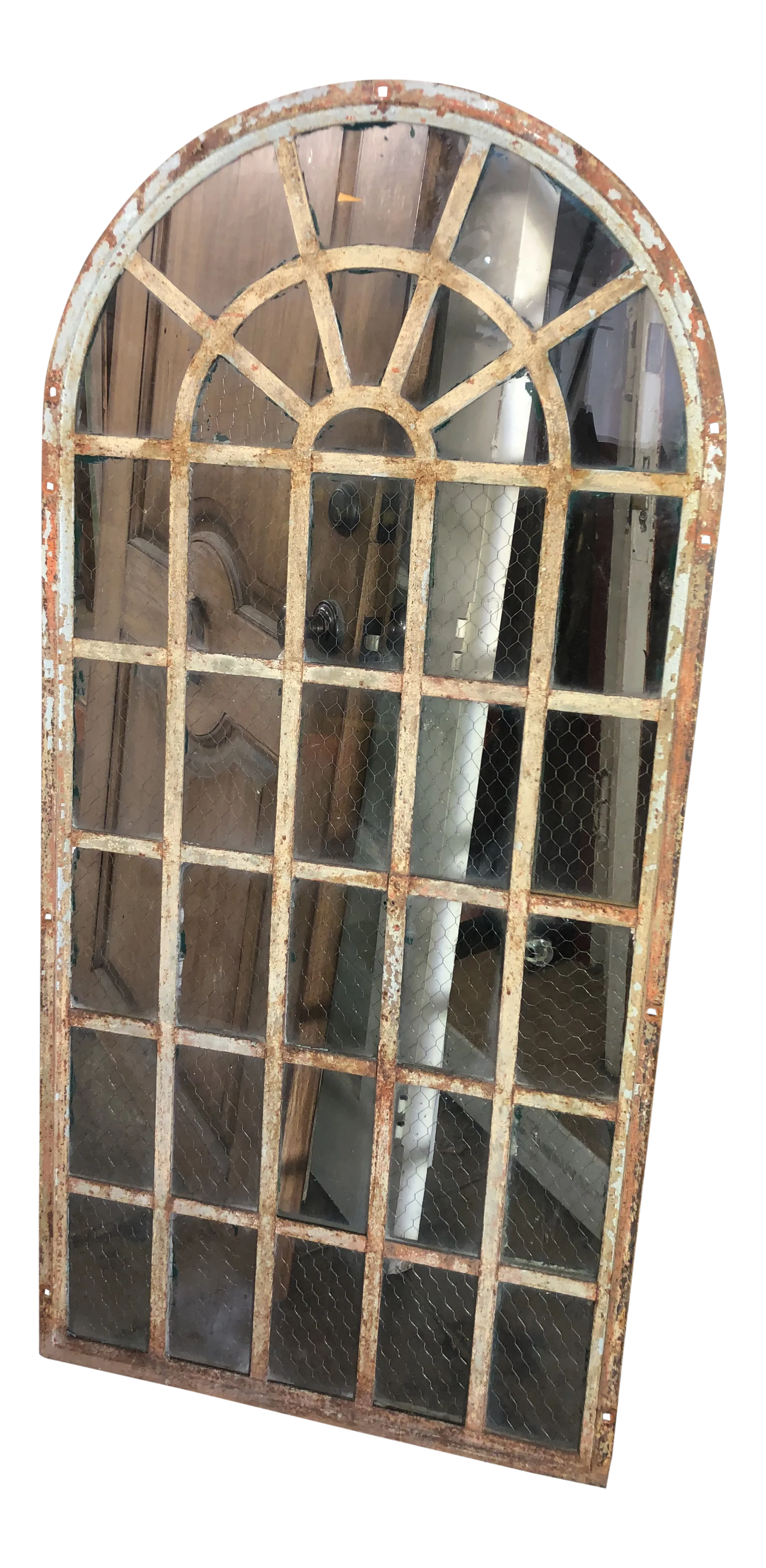 1920s Vintage Industrial Arched Metal Chicken Wire Glass Window