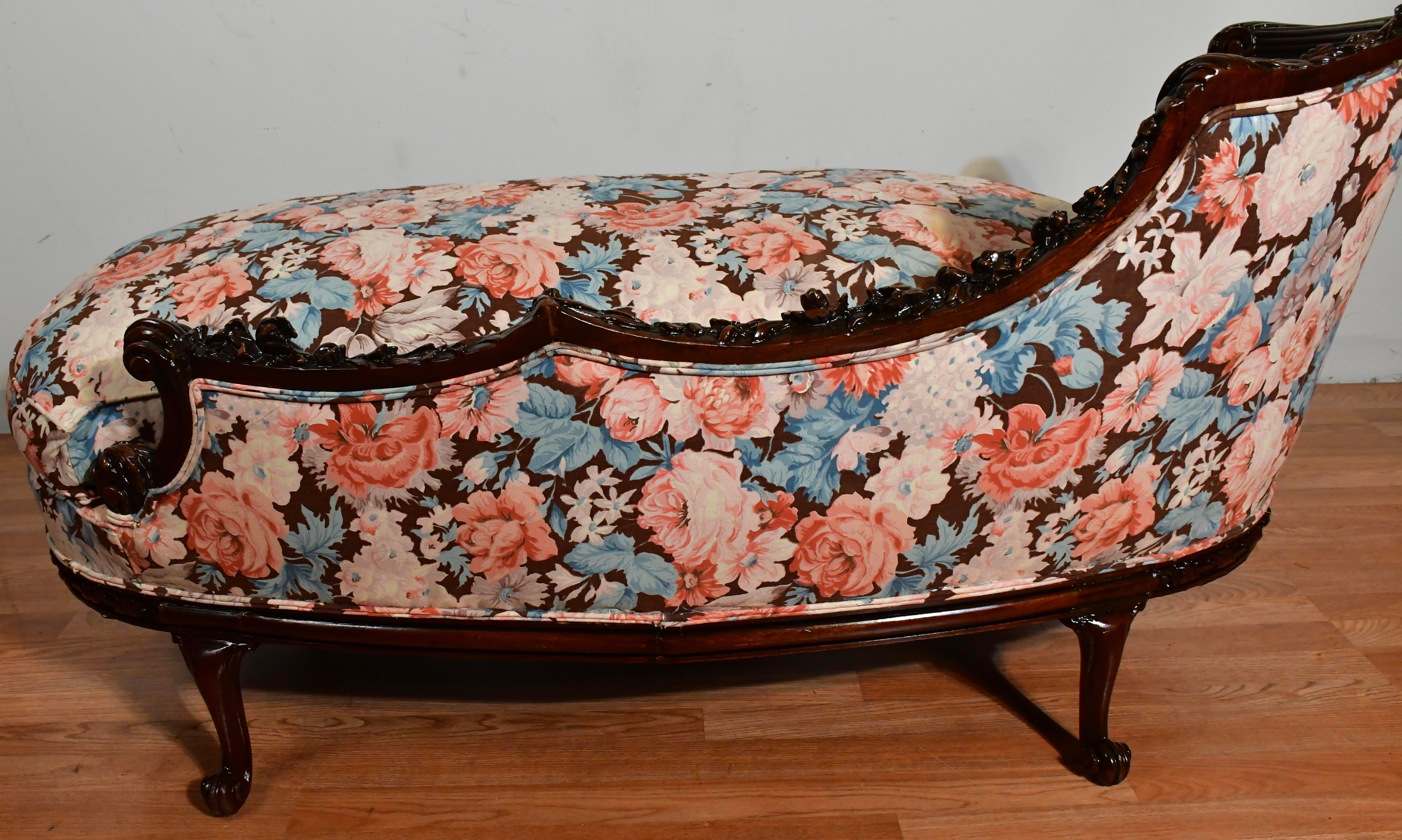 1910 Antique French Louis XV Mahogany Spring-Seat Chaise Lounge