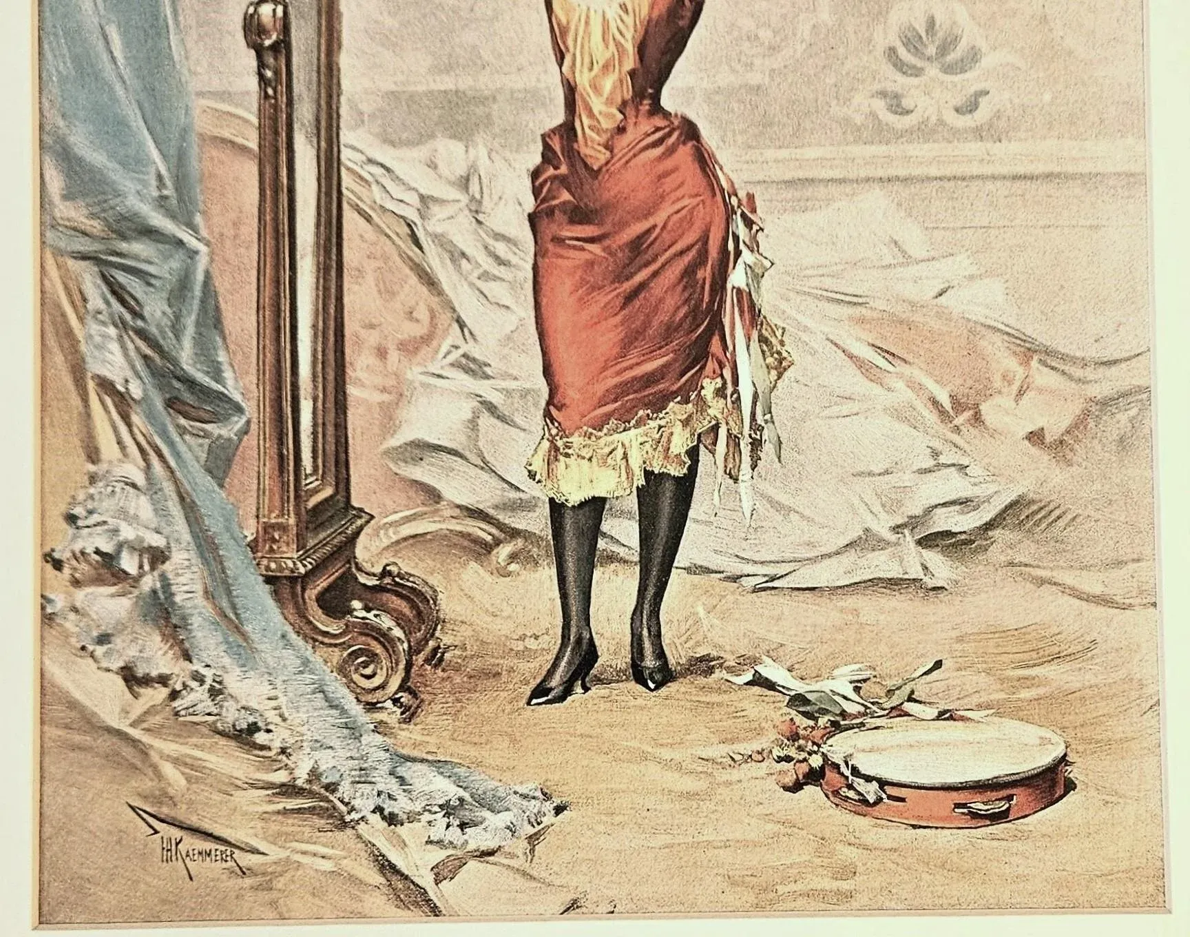 1890 French Art Nouveau Chromolithograph-Dancer at Mirror