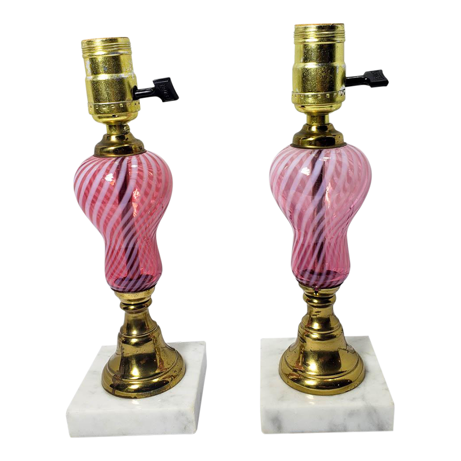 Pair of Vintage 1950s Fenton Cranberry Opalescent Swirl Lamps 