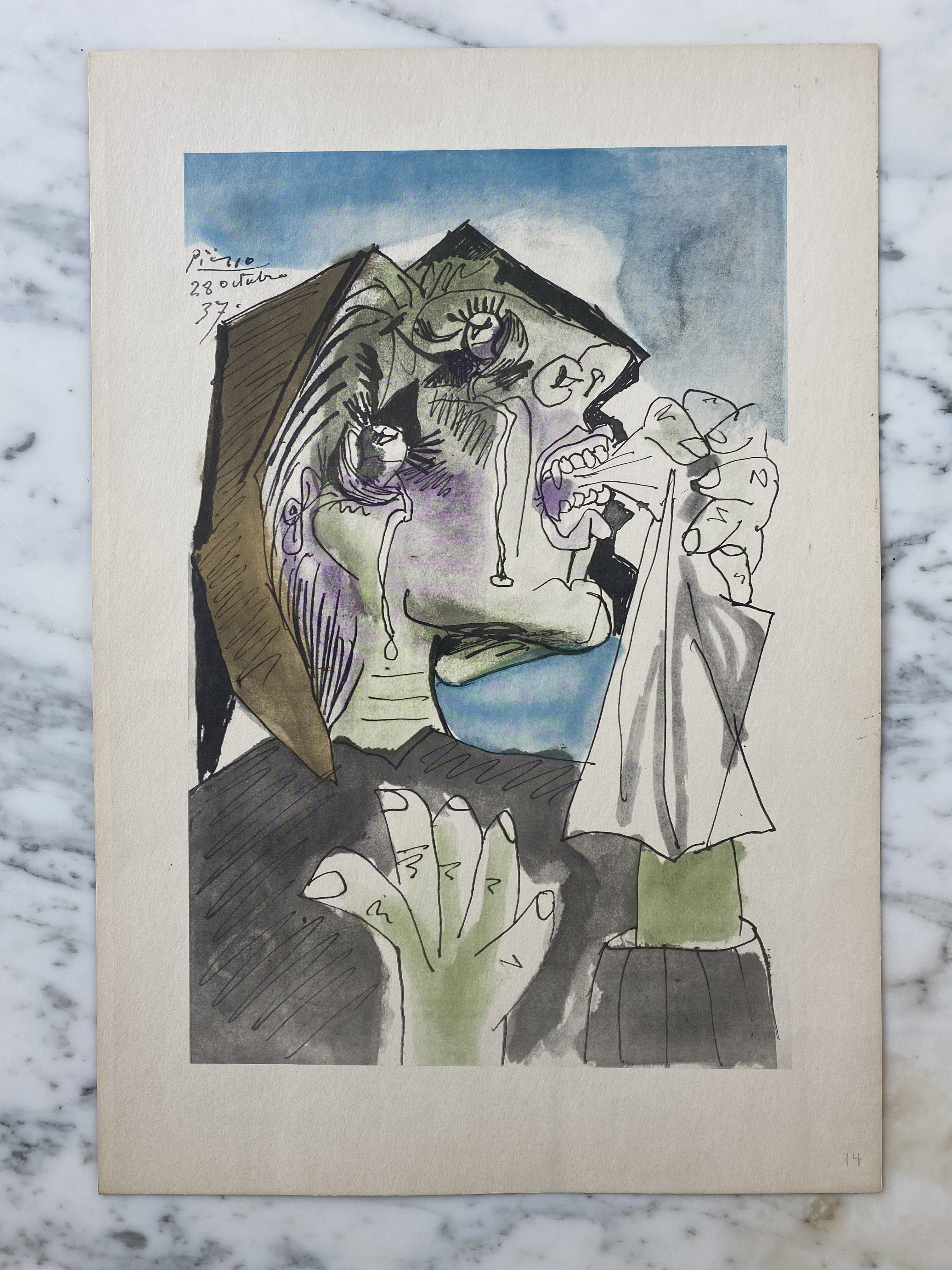 Picassoピカソ 版画リノリュウムカット 首飾りの婦人 1962年 Picassoピカソ 版画リノリュウムカット 首飾りの婦人 1962年