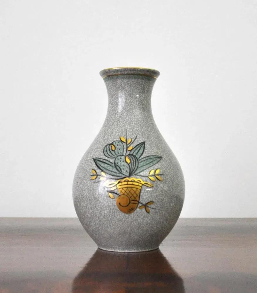 Craquele Glaze Porcelain Vase in Gold & Green on Grey from Lyngby