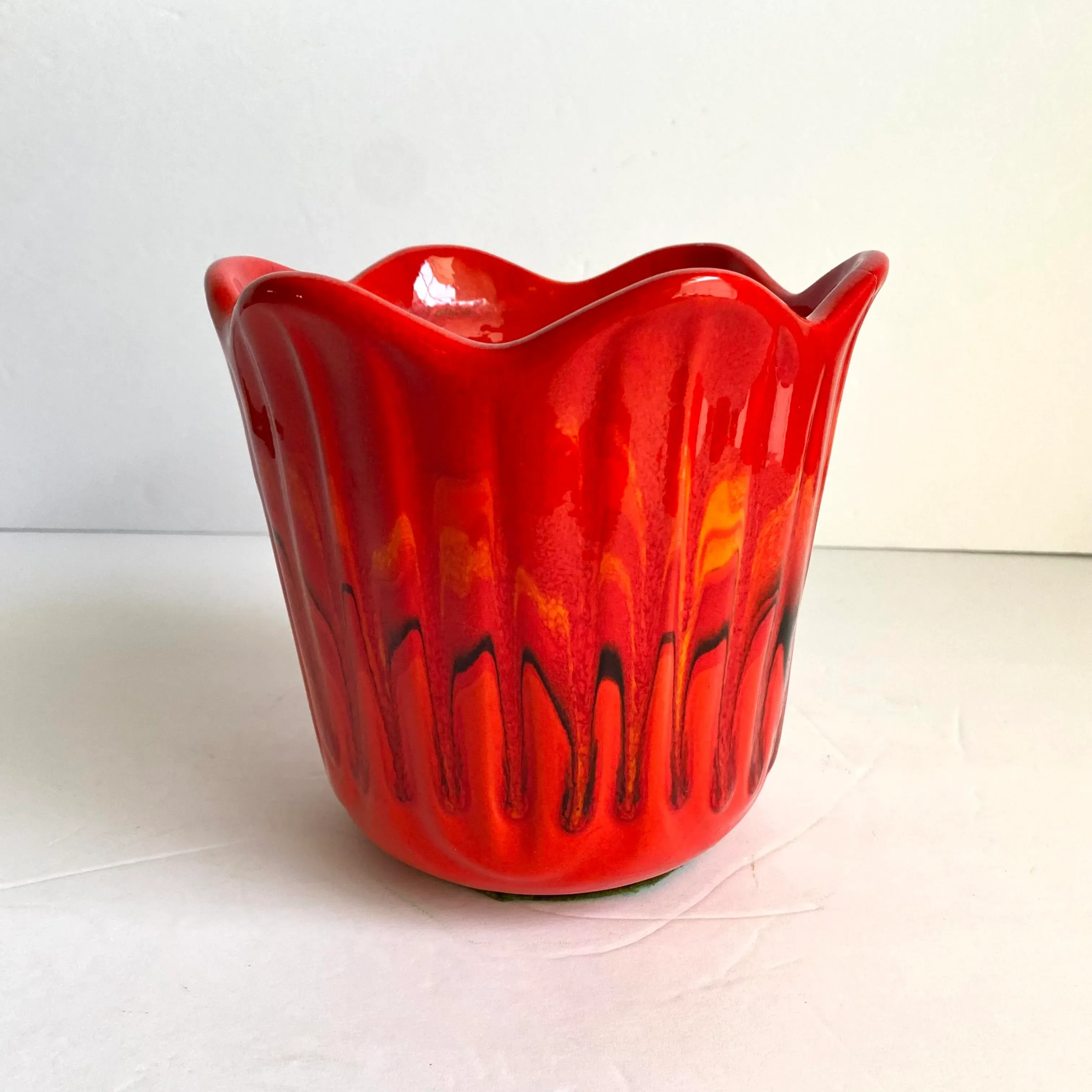 陶器 二重ボトル 花模様 mid-century-red-drip-glaze-