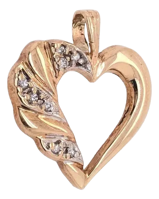 14 Karat Yellow Gold and Diamond Heart Pendant / Charm