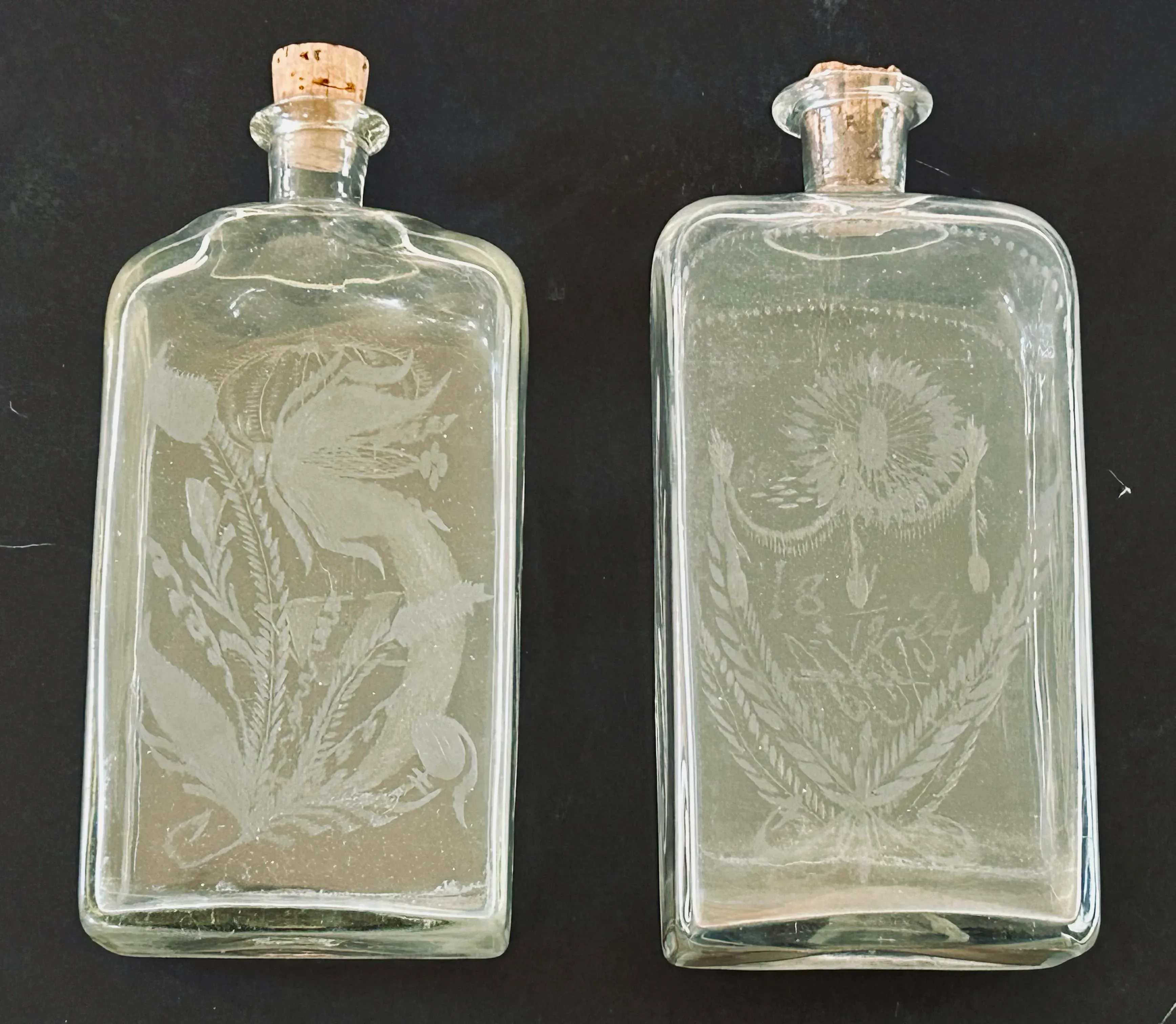 19th C. Continental Pair of Antique Etched Bottles