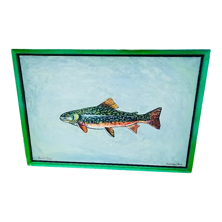 Late 20th Century Brook Trout Oil on Canvas Painting Signed Maria Reyes Jones