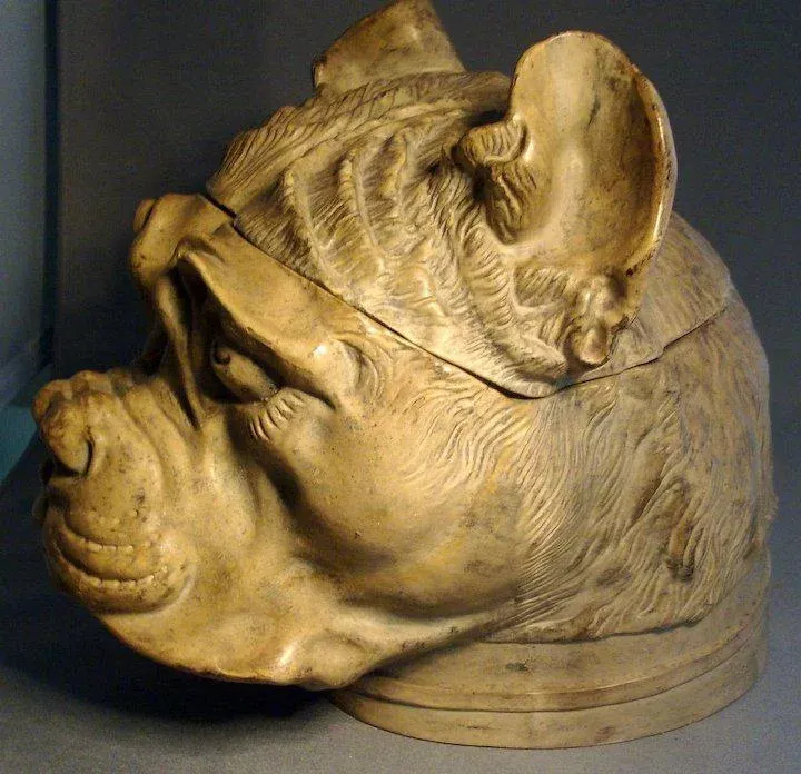 bulldog tobacco jar Past auction: VICTORIAN CARVED LIGNUM VITAE BULLDOG'S HEAD LATE 19TH CENTURY Bulldog Shaped Ceramic Canister Dog Pet Treat Jar BERNARD BLOCH ( Austria ),