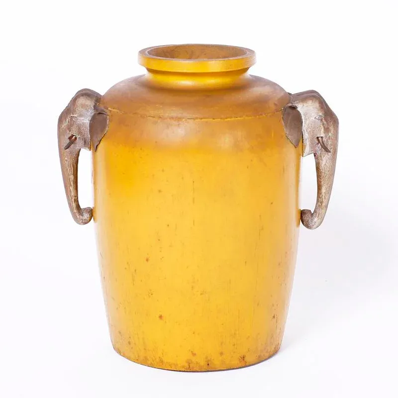 Antique Japanese Painted Wood Vase With Elephants