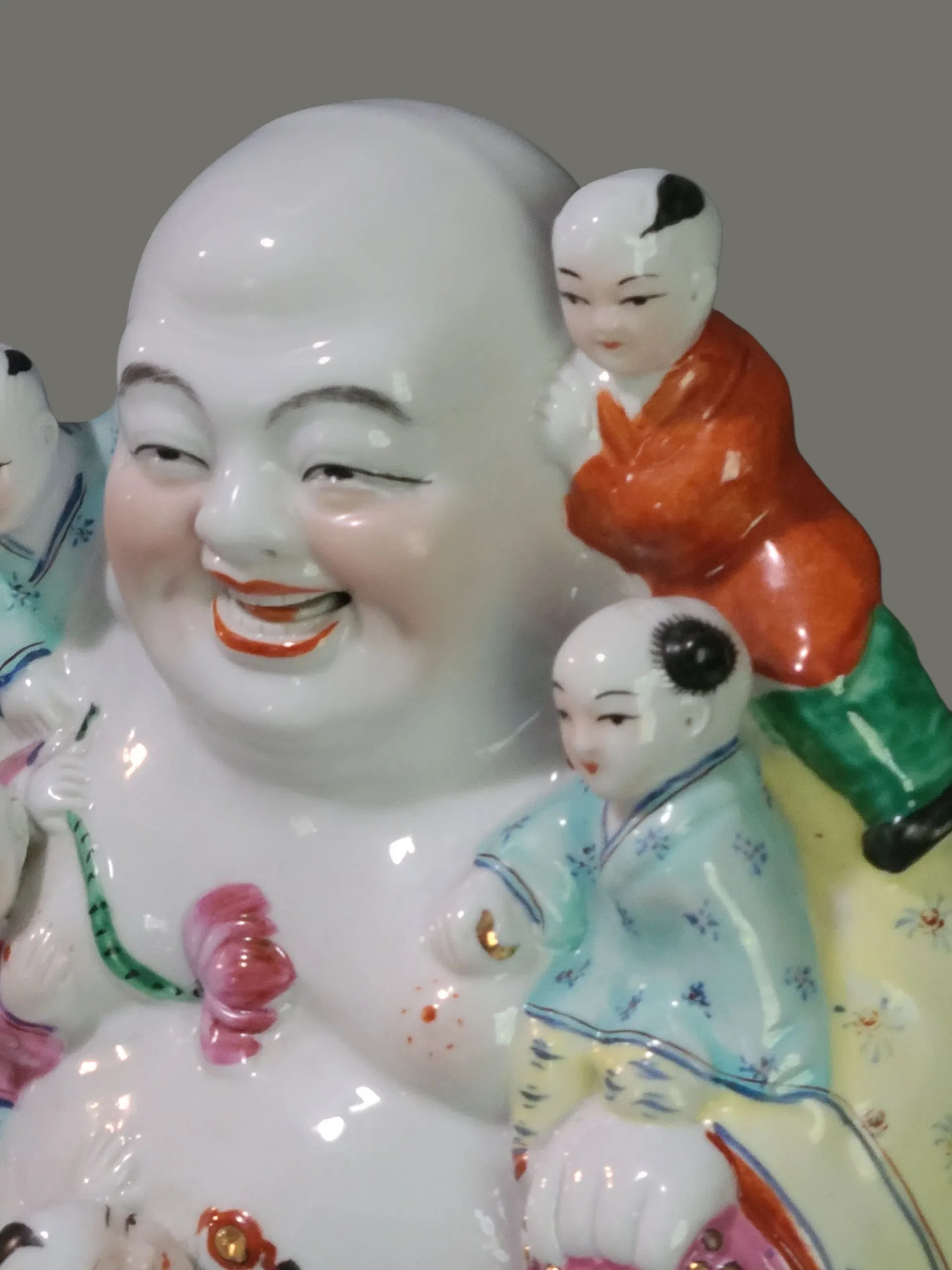 Vintage Hand Painted Colorful Famille Rose Fertility Happy Buddha Statue